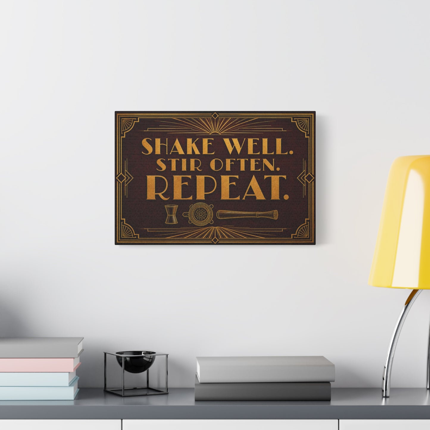 "Shake Well. Stir Often. Repeat." Cocktail Canvas Wall Art - Art Deco Bar Quote Print, Vintage Gold Typography, Speakeasy Lounge Decor, Home Bar Decoration - Ready to Hang - Tavern Wall Decor