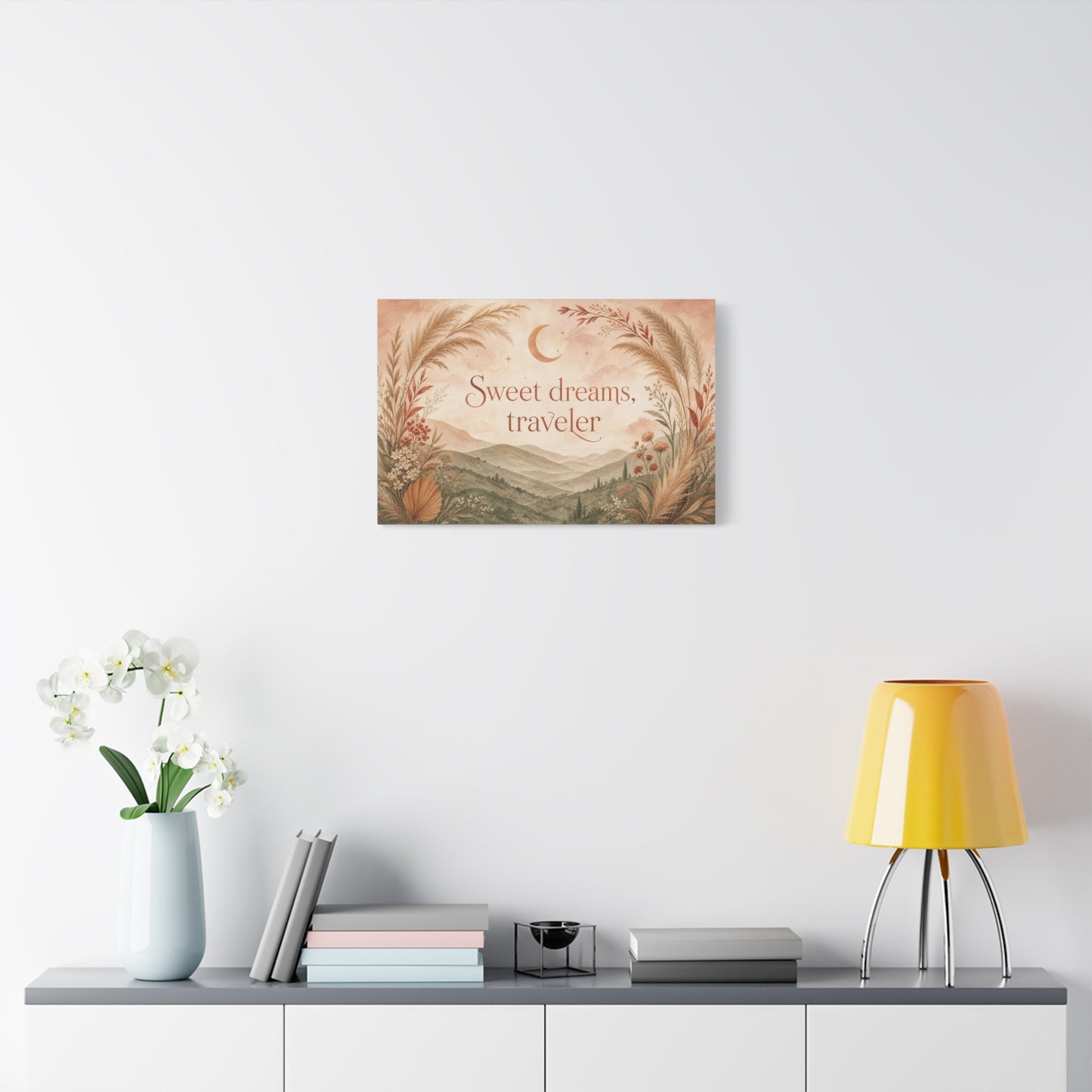"Sweet Dreams, Traveler" Canvas Wall Art - Boho Moon Mountain Landscape Print - Neutral Botanical Bedroom Decor - Rustic Contemporary Wall Hanging - Ready to Hang - Bedroom Home Decoration