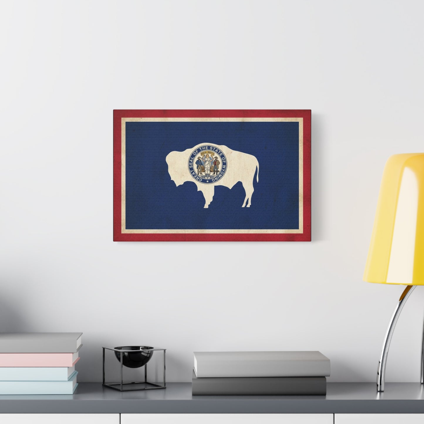 Wyoming State Flag Canvas Wall Art - Great Seal Of The State Of Wyoming Buffalo Print - Vintage Patriotic Western Decor - Rustic Americana Style - Living Room Wall Decor - Bedroom Home Decoration