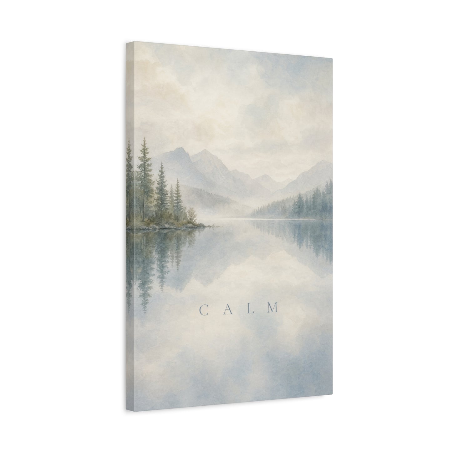 "Calm" Mountain Lake Canvas Wall Art - Misty Pine Forest Reflection Print - Serene Blue Landscape - Minimalist Nature Decor - Bedroom Home Decoration, Meditation Space - Living Room Wall Decor