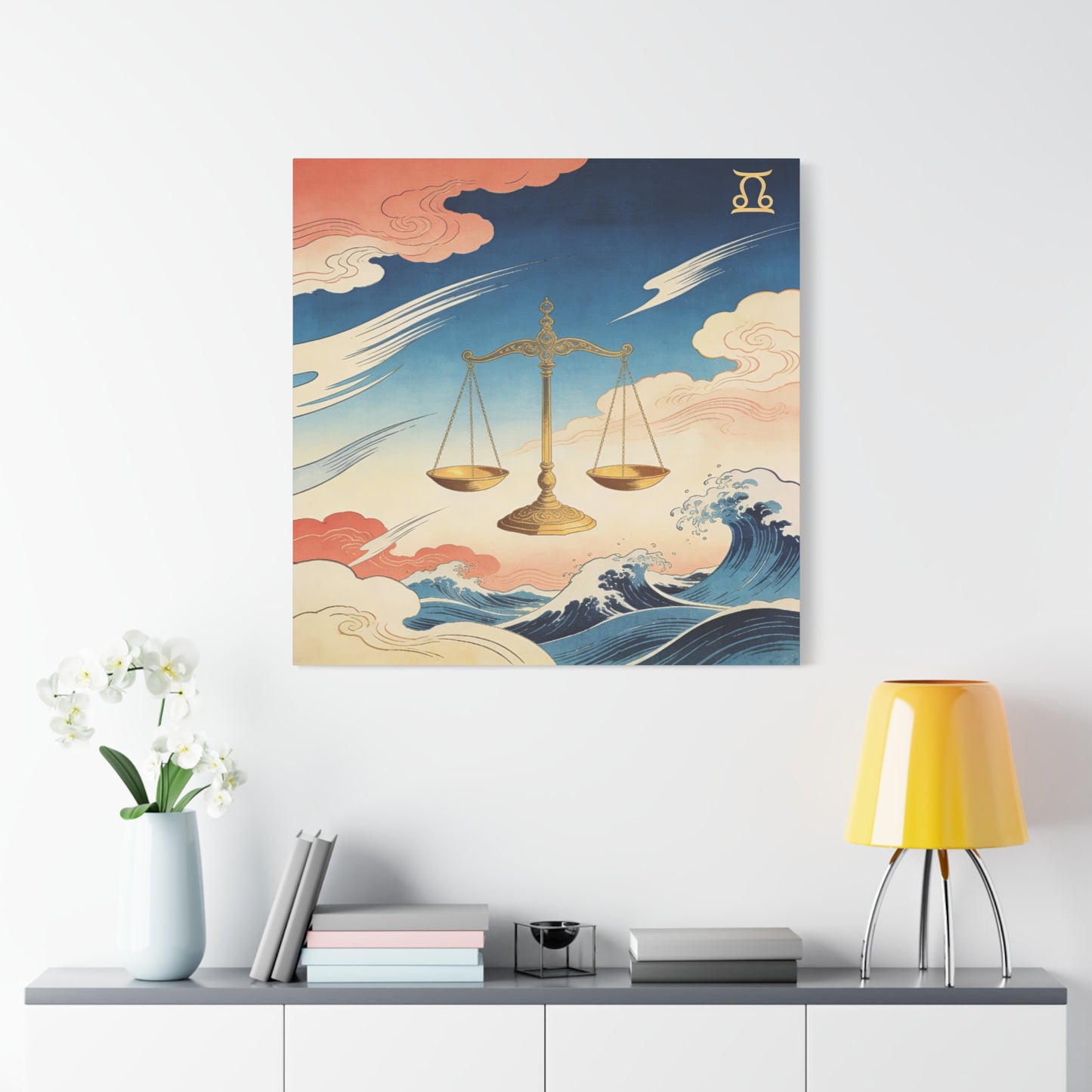 Libra Zodiac Canvas Wall Decor - Vintage Japanese Wave Scales Illustration - Celestial Astrology Print, Gold Balance Symbol, Traditional Style, Bedroom Home Decoration - Living Room Wall Decor