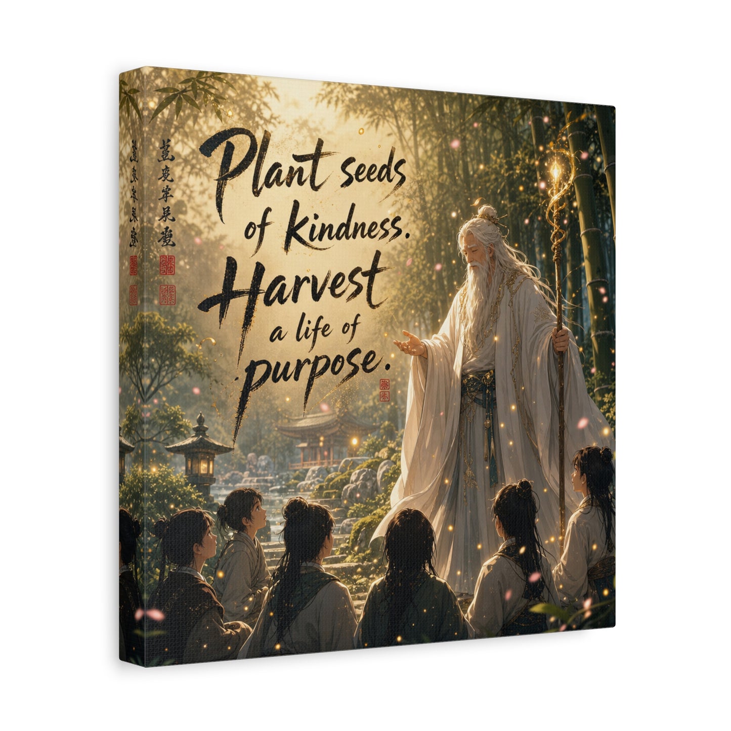 "Plant Seeds Of Kindness. Harvest A Life Of Purpose." Zen Canvas Wall Art - Wise Elder In Bamboo Garden, Inspirational Typography Print - Traditional Style, Bedroom Meditation Decor - Office Wall Art