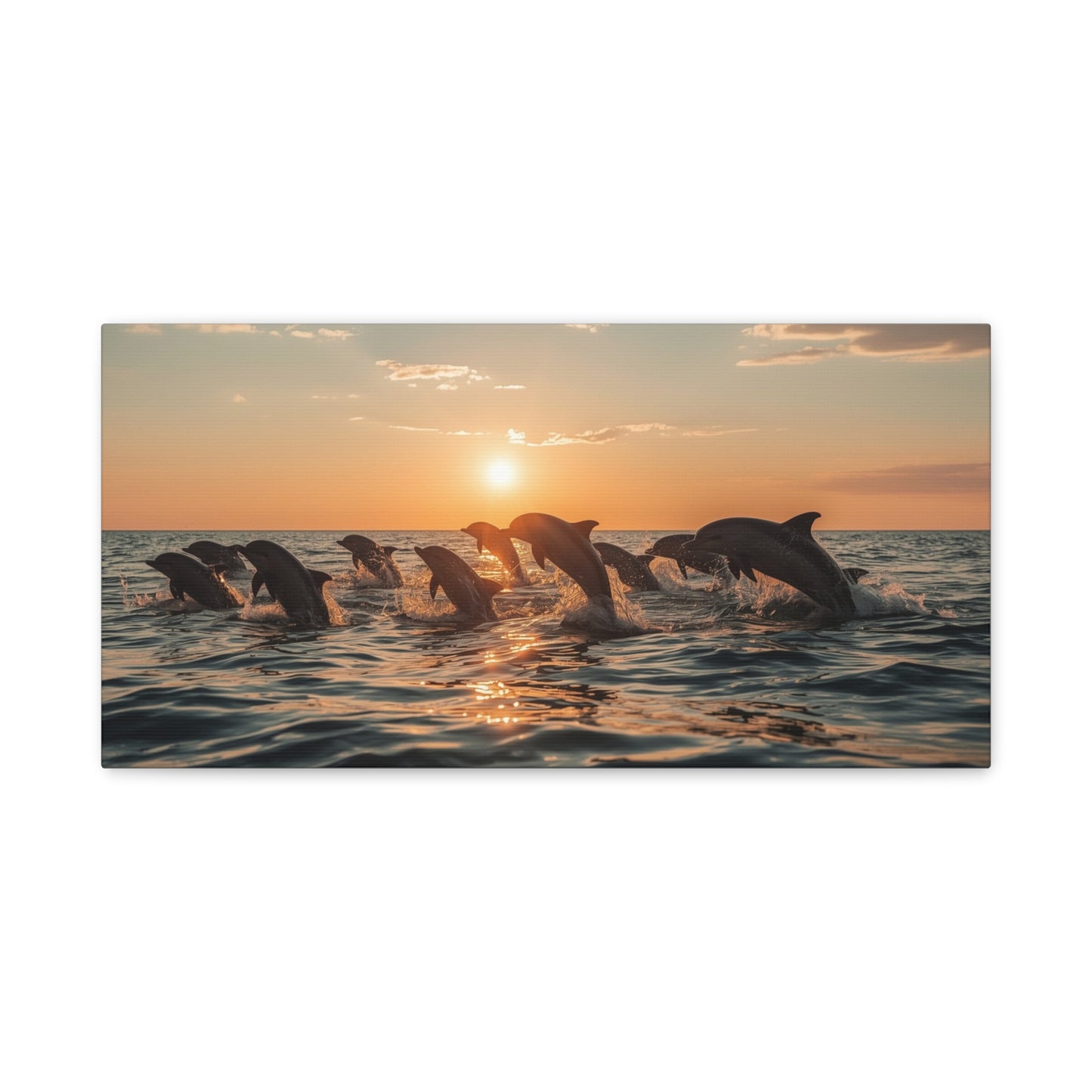 Dolphin Sunset Canvas Wall Art - Ocean Wildlife Art Print, Golden Seascape, Coastal Living Room Wall Decor, Bedroom Home Decoration, Ready to Hang Matte Canvas - Bedroom Home Decoration
