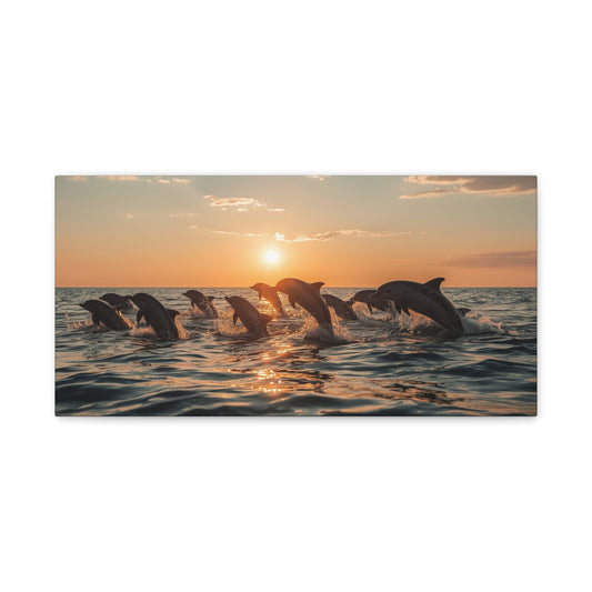 Dolphin Sunset Canvas Wall Art - Ocean Wildlife Art Print, Golden Seascape, Coastal Living Room Wall Decor, Bedroom Home Decoration, Ready to Hang Matte Canvas - Bedroom Home Decoration
