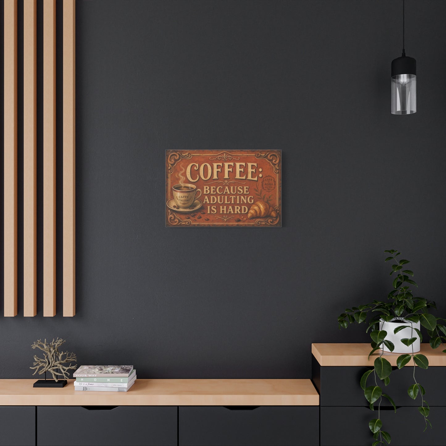 "Coffee Because Adulting Is Hard" Funny Canvas Wall Art - Vintage Cafe Cup, Croissant, Rustic Typography Print - Farmhouse Decor, Cafe Wall Accent - Coffee Shop Decor - Espresso Bar Sign