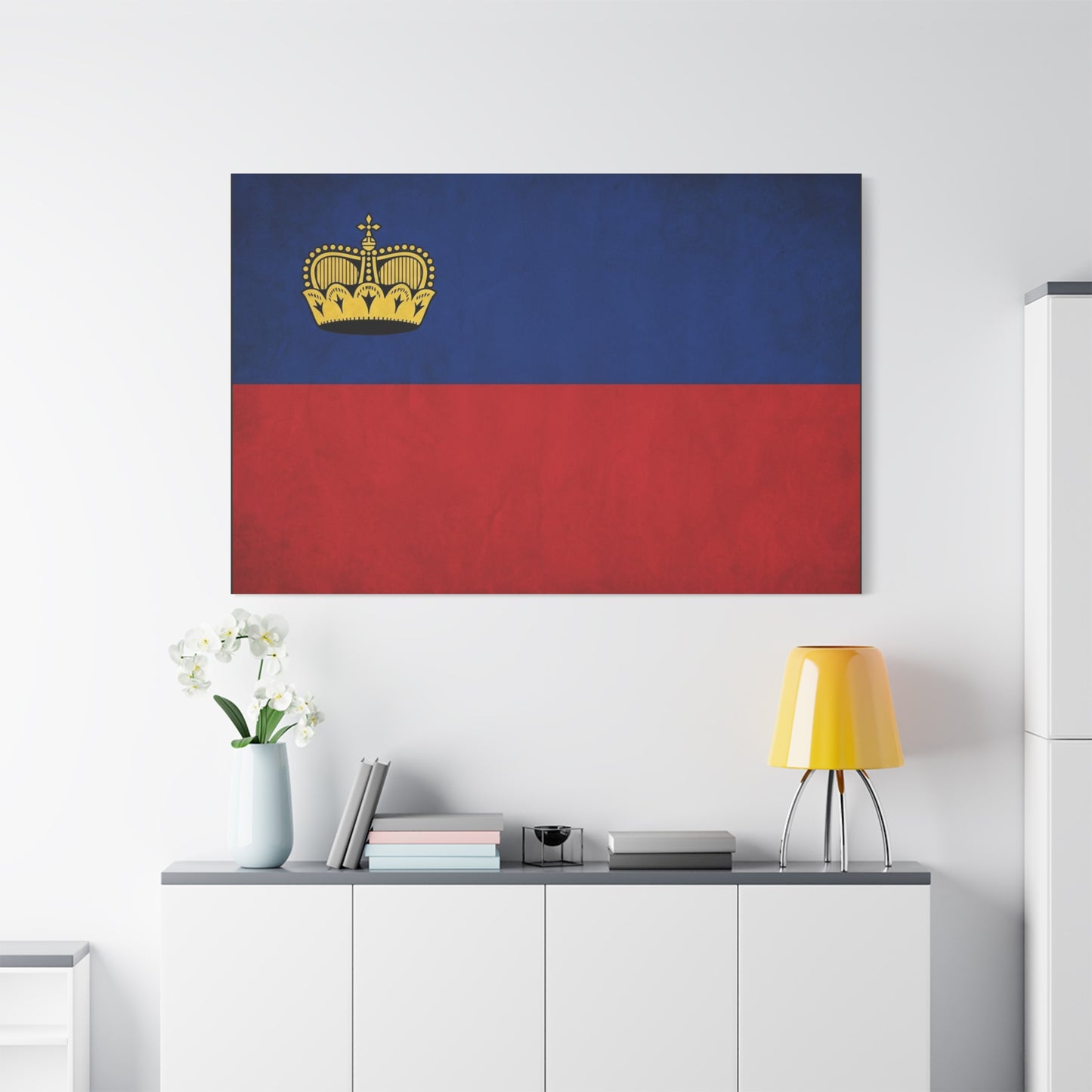 Liechtenstein Flag Canvas Wall Art - Blue Red Banner With Gold Crown - Minimalist National Print, Cotton Canvas Decor - Living Room Wall Decor, Bedroom Home Decoration - Bedroom Home Decoration