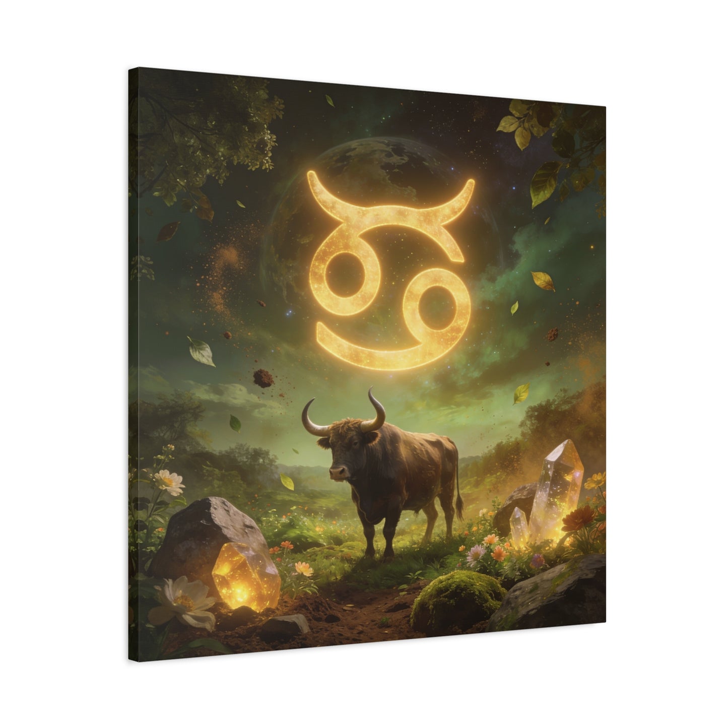 Cancer Zodiac Canvas Wall Art - Glowing Astrology Symbol, Bull And Crystal Fantasy Scene - Celestial Green Gold Illustration - Bedroom Home Decoration, Meditation Space Accent - Living Room Wall Decor