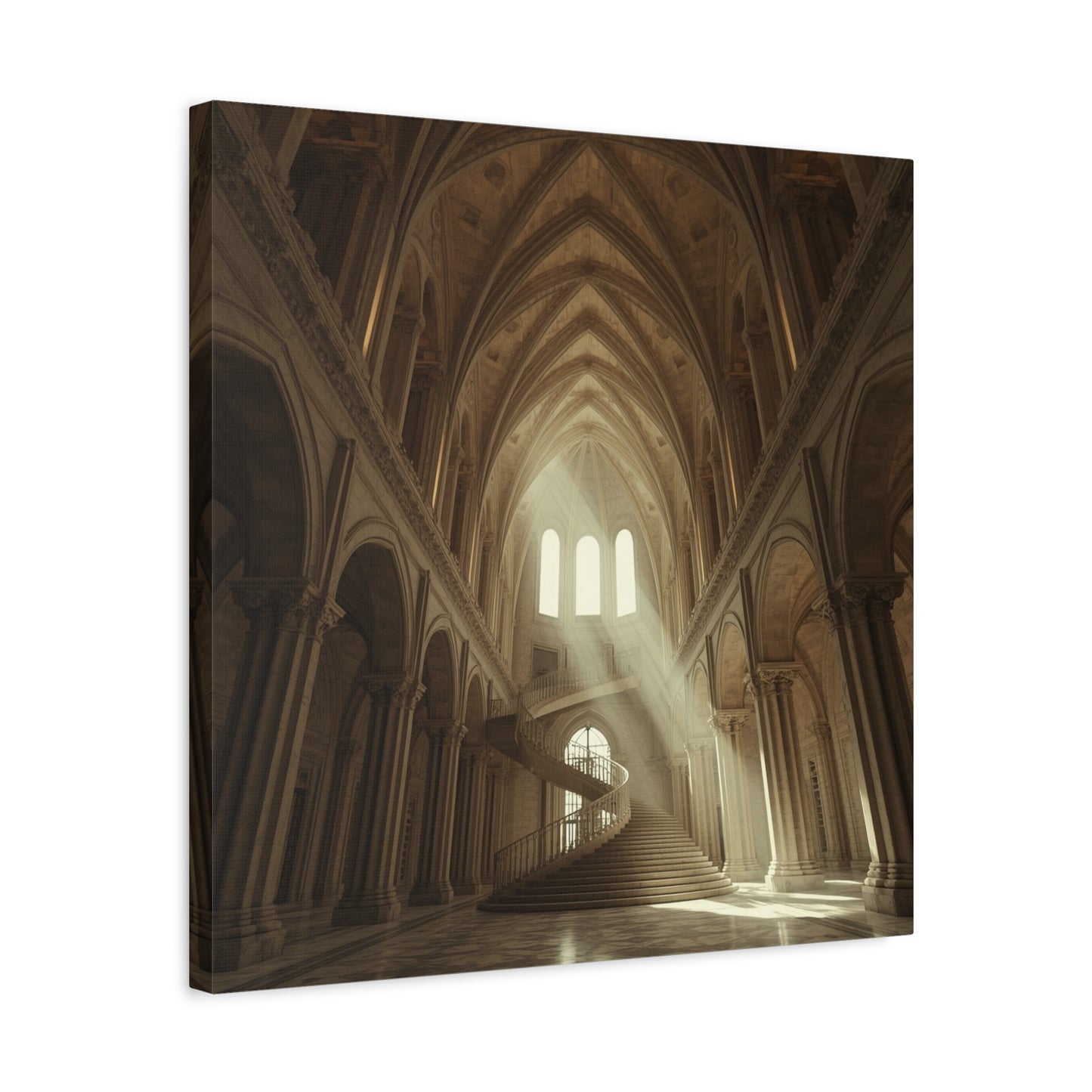 Gothic Cathedral Interior Canvas Wall Art - Sunlit Spiral Staircase, Religious Architecture Print - Matte Cotton Canvas - Traditional Style - Living Room Wall Decor, Office Art - Ready to Hang