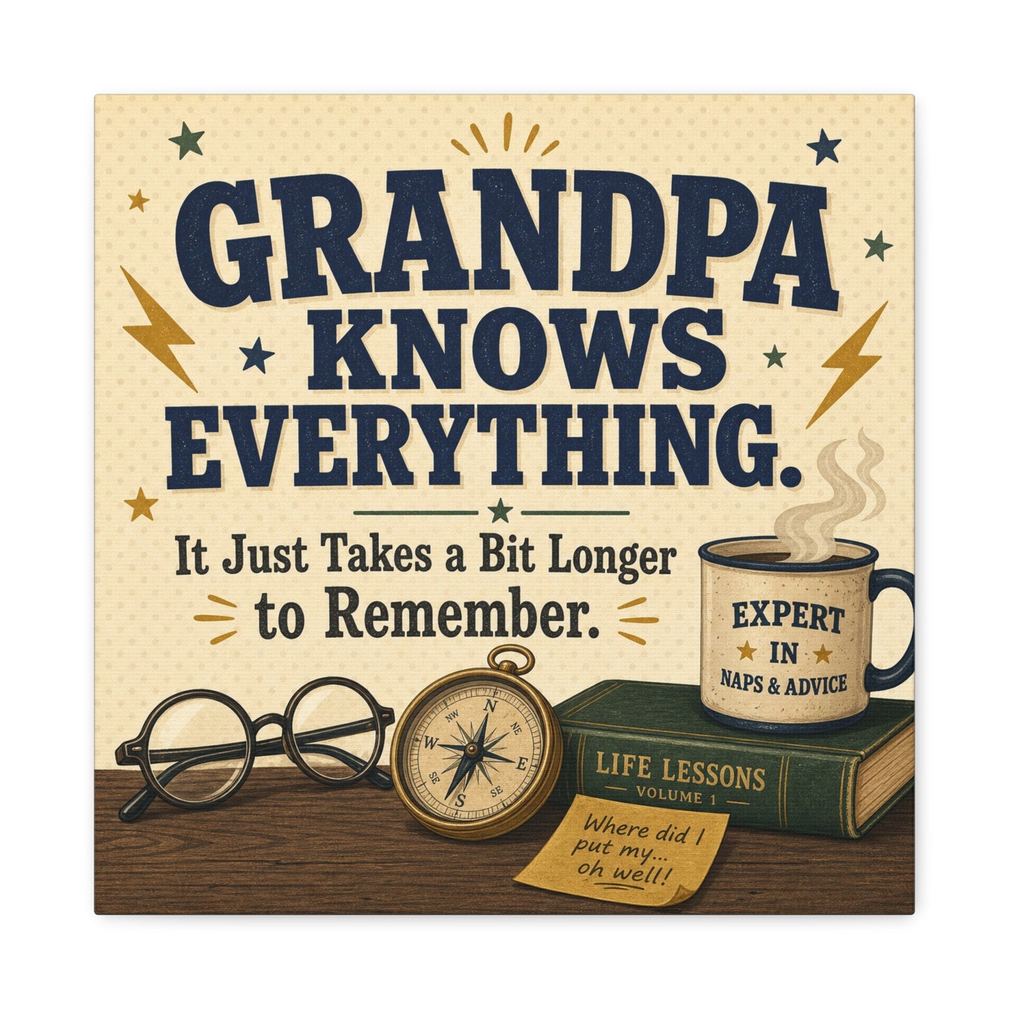 "Grandpa Knows Everything. It Just Takes A Bit Longer To Remember." Canvas Wall Art - Vintage Grandpa Quote Print, Rustic Typography Decor, Living Room Home Decoration - Office Wall Art