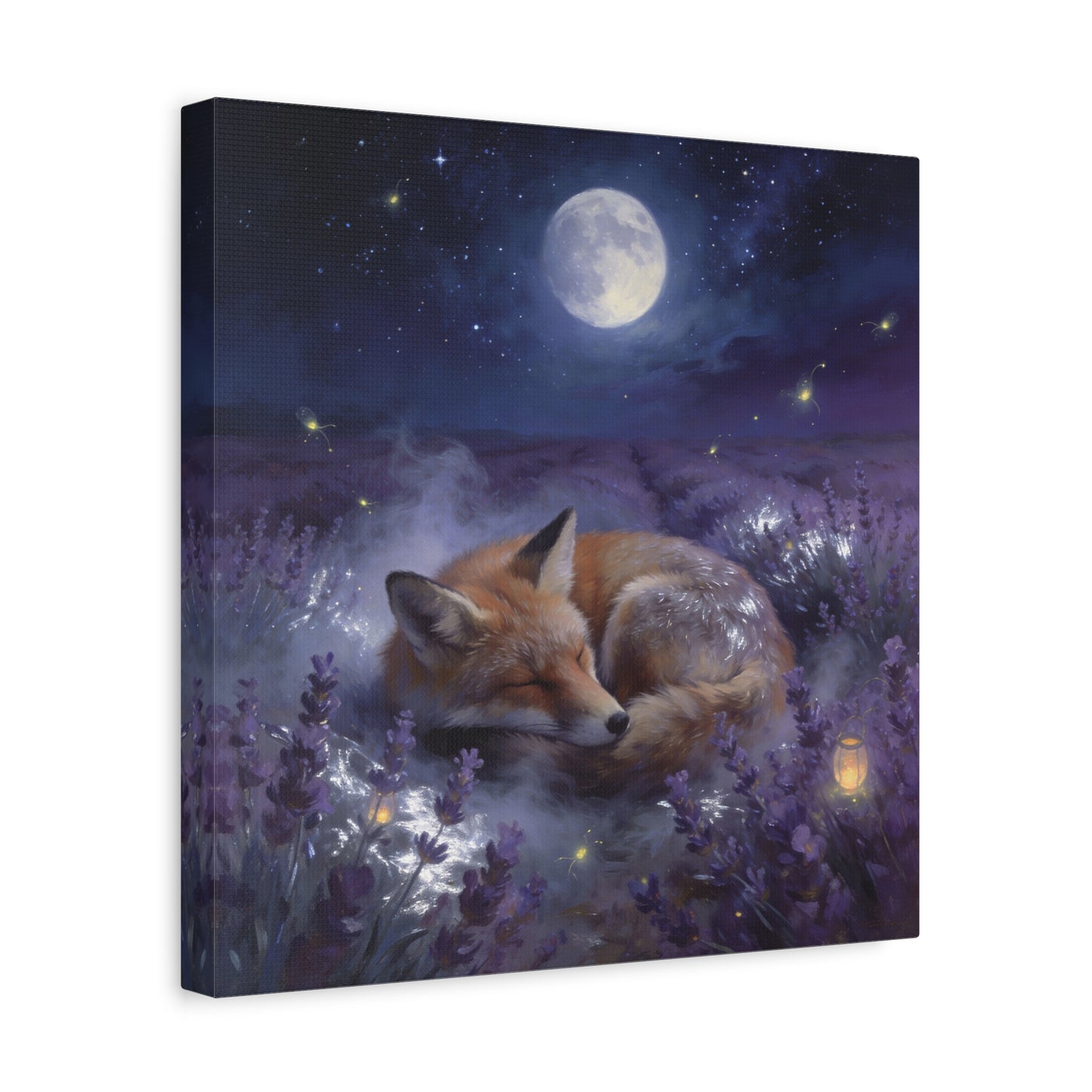 Sleeping Red Fox Canvas Wall Art - Moonlit Lavender Field, Fireflies, Starry Night Sky - Dreamy Woodland Animal Print - Matte Finish Canvas - Bedroom Wall Decor, Nursery Accent - Cozy Reading Nook Art