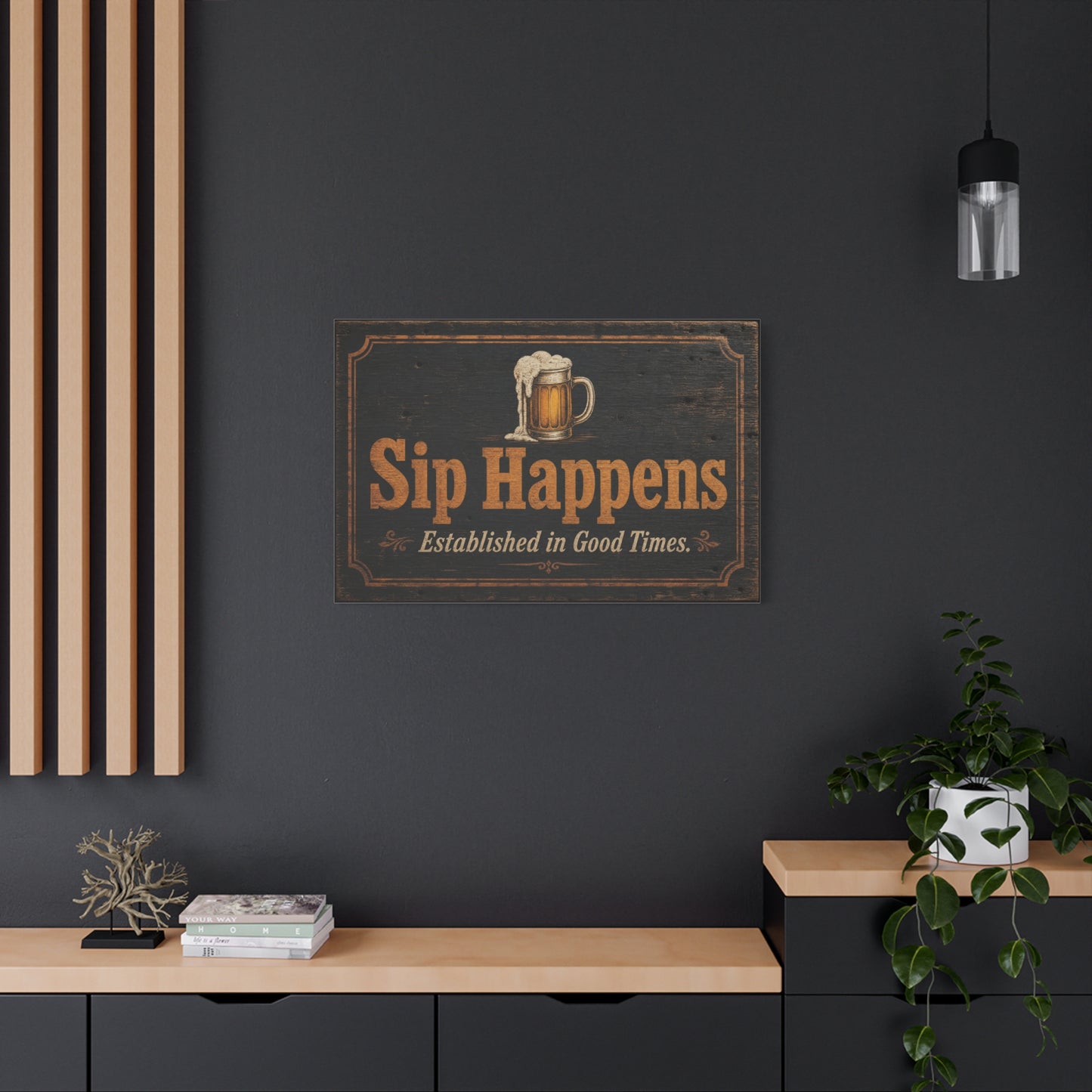 "Sip Happens" Beer Mug Canvas Wall Art - Rustic Vintage Pub Sign, Established In Good Times - Farmhouse Bar Decor - Ready to Hang - Ready to Hang - Pub Wall Art - Cocktail Lounge Decor