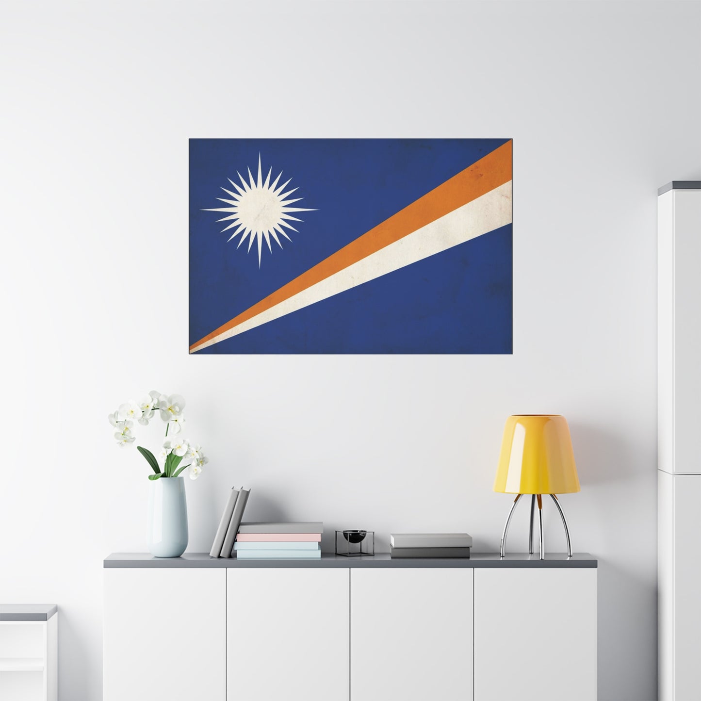 Marshall Islands Flag Canvas Wall Art - Blue Field, White Starburst, Orange Stripe - Vintage Patriotic Print - Coastal Island Decor For Living Room, Office Wall Display Accent - Modern Farmhouse Style