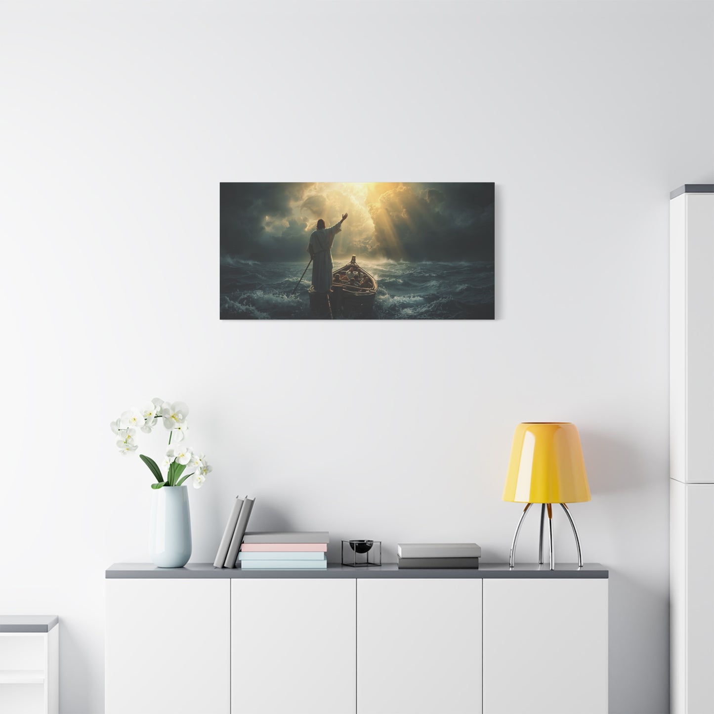 Jesus Calming The Storm Canvas Wall Art - Christian Ocean Boat Scene, Cotton Print - Dramatic Religious Seascape - Living Room Decor, Bedroom Home Decoration, Meditation Space - Living Room Wall Decor