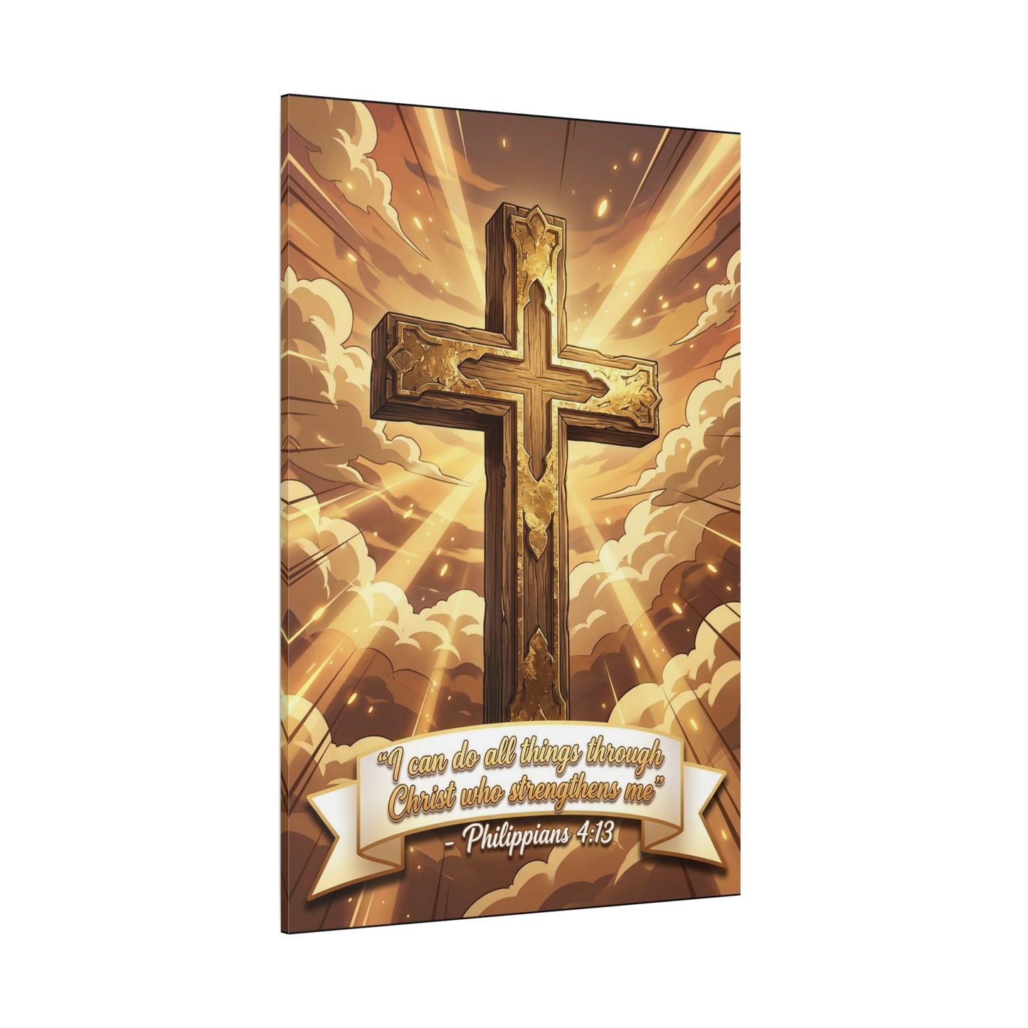 "I Can Do All Things Through Christ Who Strengthens Me" Cross Canvas Wall Art - Philippians 4:13 Scripture Decor, Golden Sky Christian Home Accent, Traditional Bedroom Living Room Decoration
