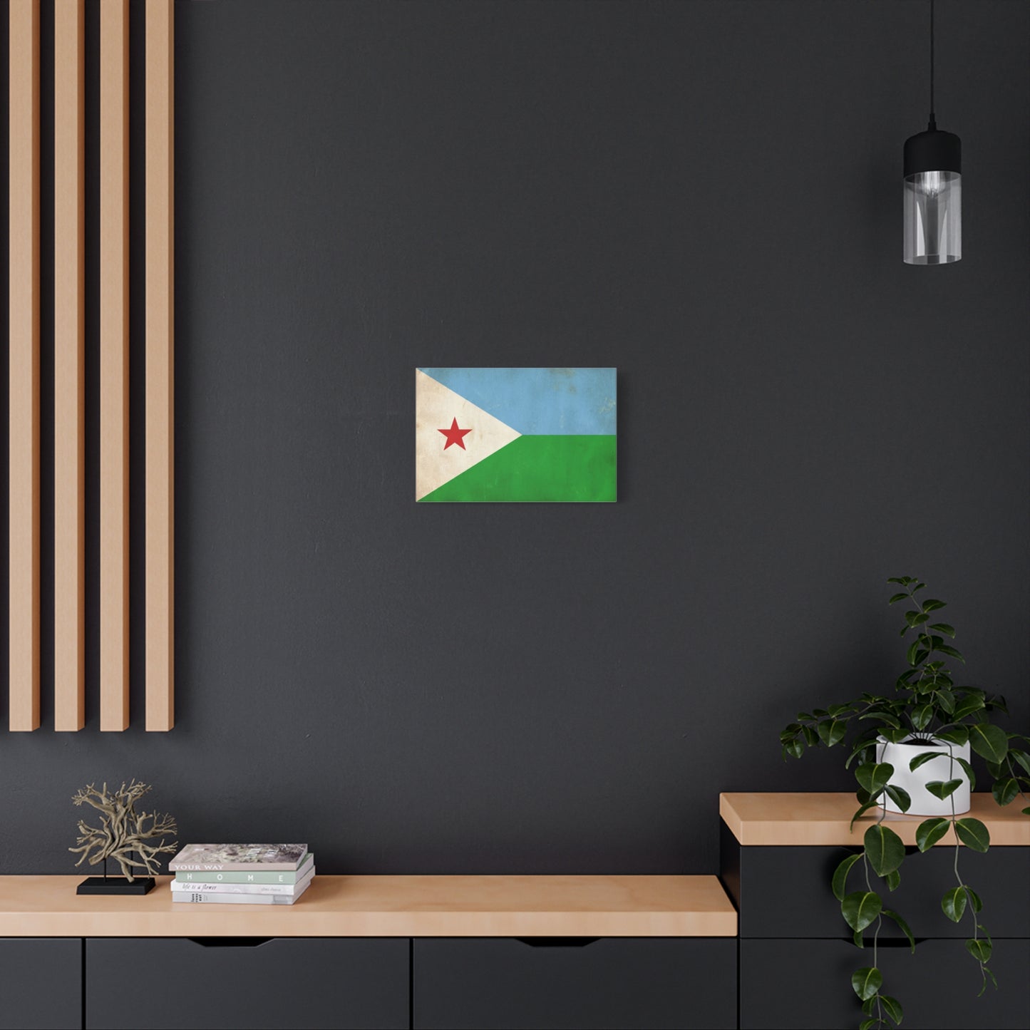 Djibouti Flag Canvas Wall Art - Vintage National Banner Print, Patriotic Home Decor - Distressed Blue Green White Red Star Design - Living Room Decoration - Living Room Wall Decor - Ready to Hang