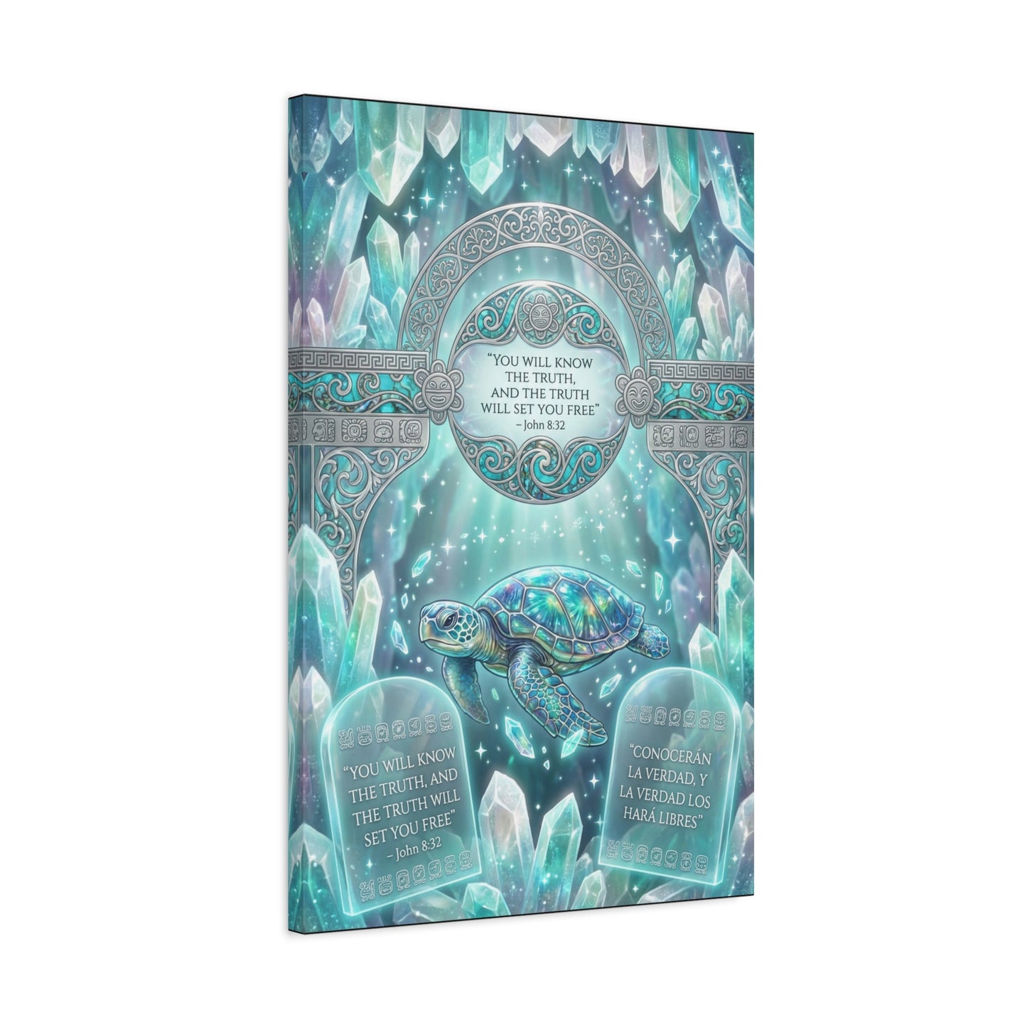 "You Will Know The Truth, And The Truth Will Set You Free" Sea Turtle Canvas Wall Art - John 8:32 Scripture Decor, Crystal Ocean Fantasy Style, Bedroom Wall Hanging, Meditation Space - Ready to Hang