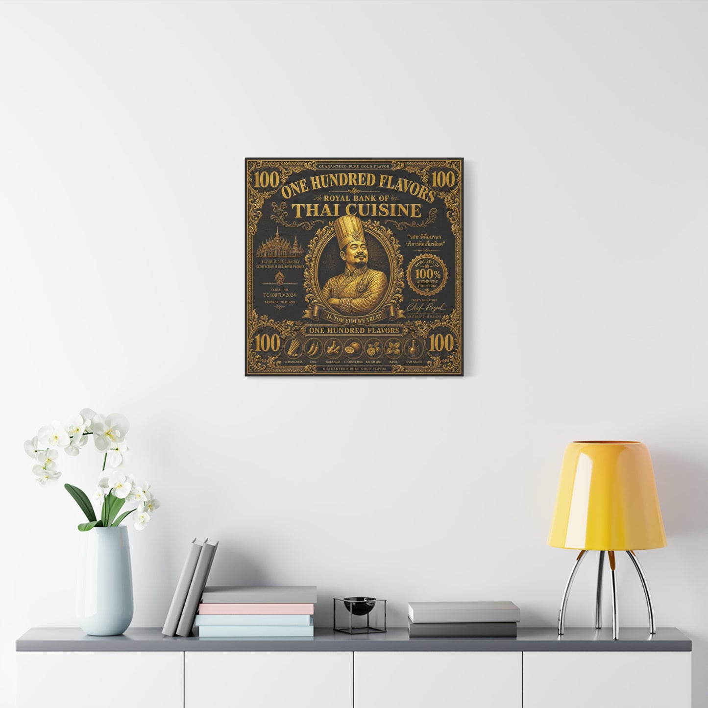 "One Hundred Flavors" Thai Cuisine Canvas Wall Art - Vintage Gold Chef Portrait, Typography Poster Print, Ornate Bangkok Illustration - Restaurant Decor, Dining Room Accent, Cafe Wall Decor