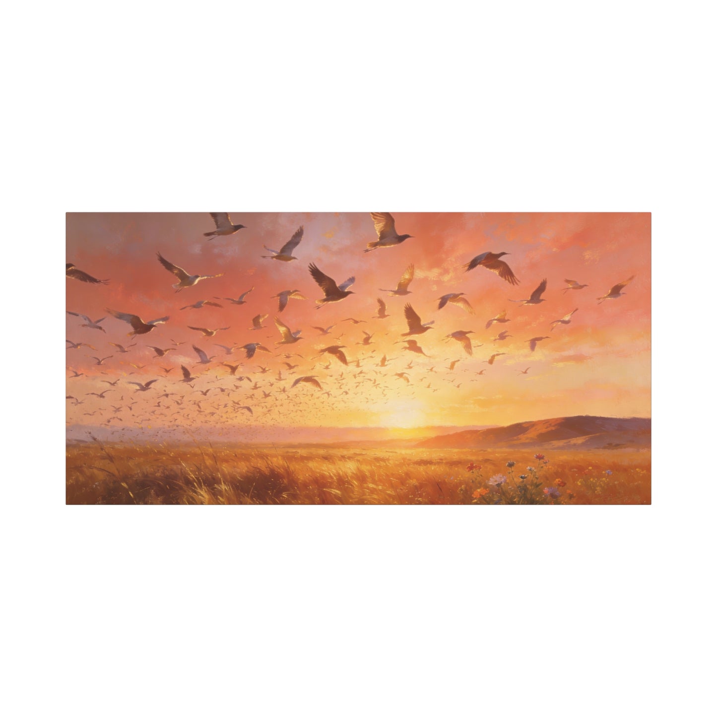 Flock Of Seabirds Canvas Wall Art - Sunset Meadow Landscape Print, Warm Golden Sky, Painterly Nature Scene - Contemporary Style - Living Room Wall Decor Bedroom Decoration - Bedroom Home Decoration