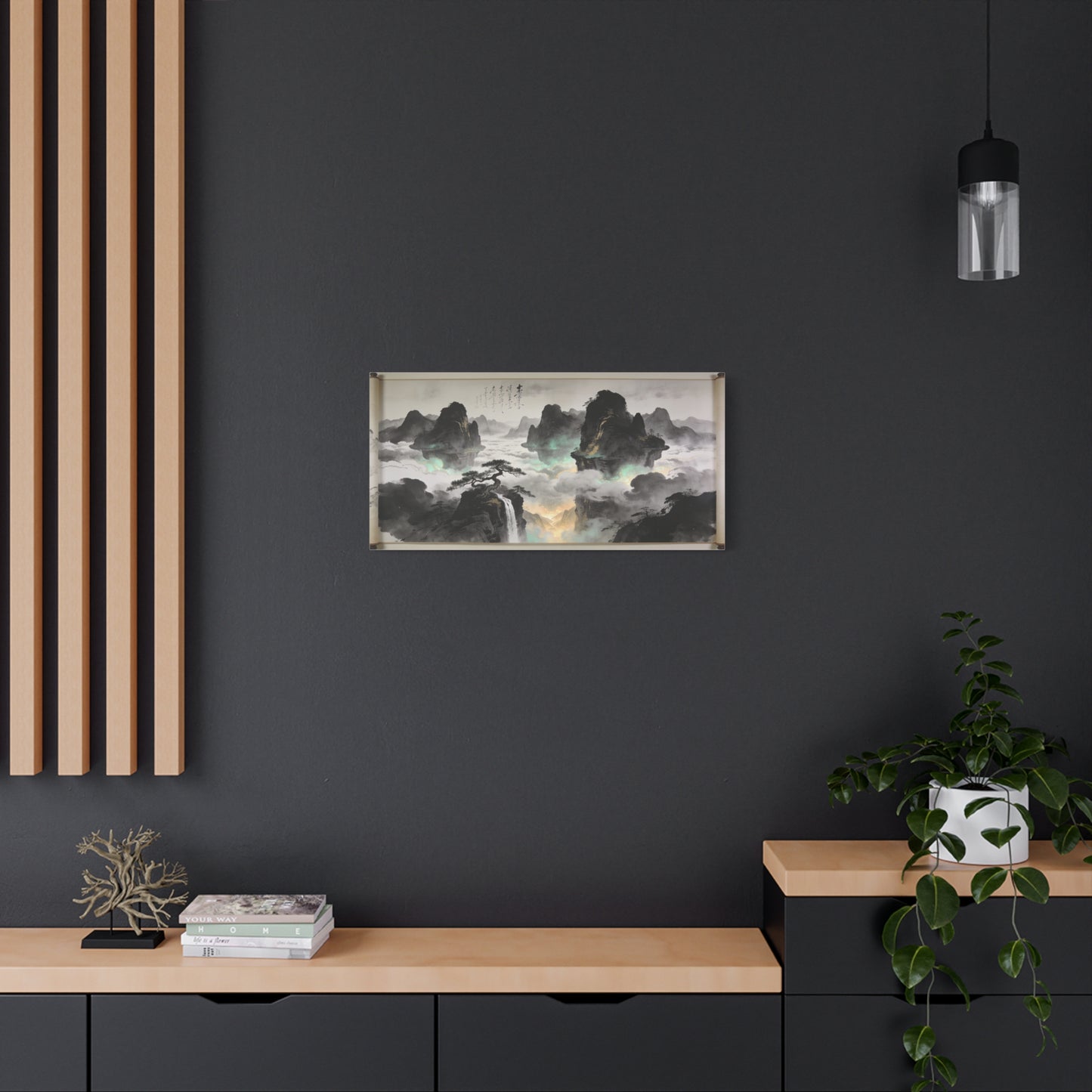 Chinese Ink Landscape Canvas Wall Art - Misty Mountain Scroll Painting, Cloud Sea Waterfall, Calligraphy Detail - Contemporary Zen Style - Living Room Wall Decor, Bedroom Home Accent - Ready to Hang