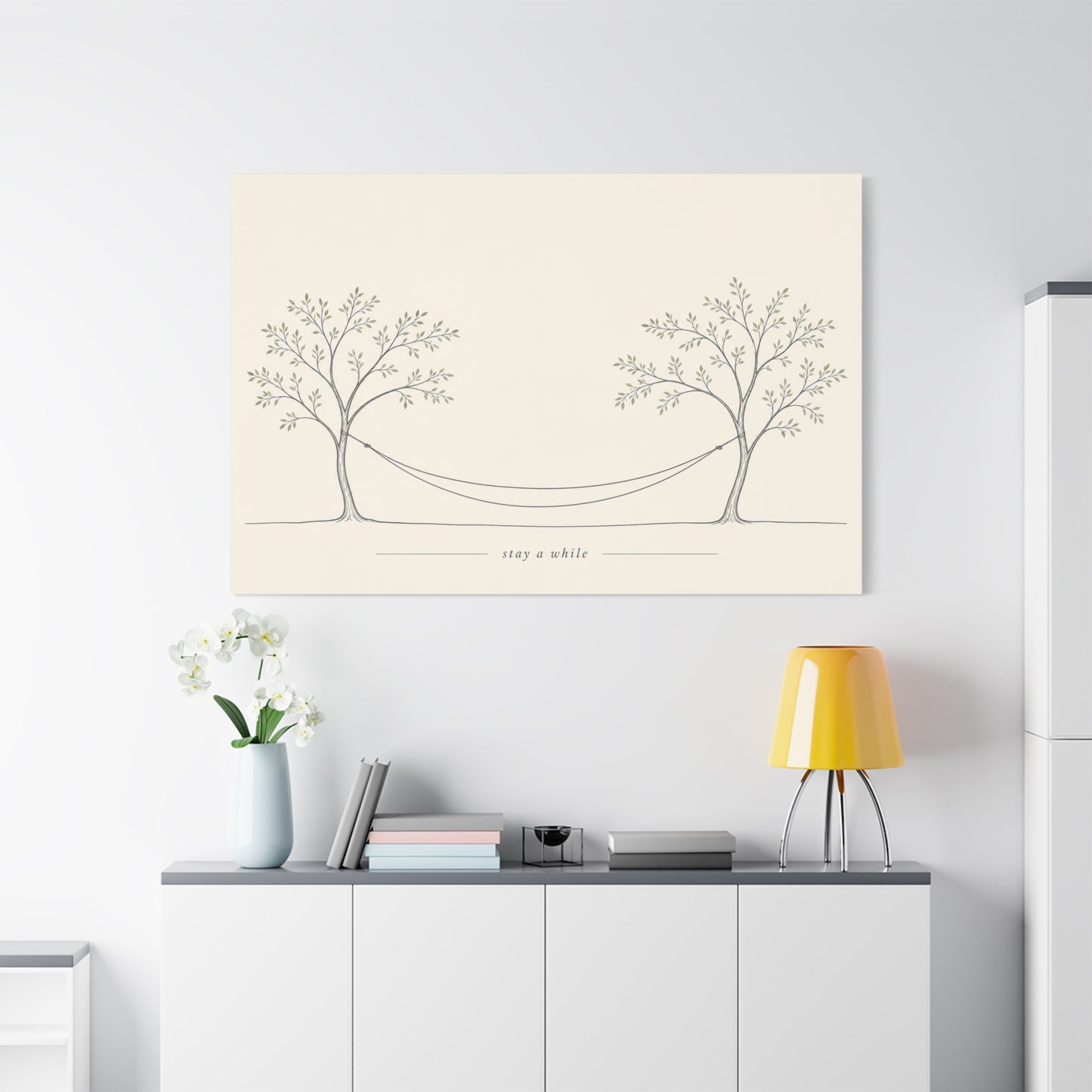 "Stay A While" Hammock Between Trees Canvas Wall Art - Minimalist Botanical Line Drawing, Neutral Beige Cotton Canvas Print - Bedroom Wall Decor, Living Room Home Decoration - Bedroom Home Decoration
