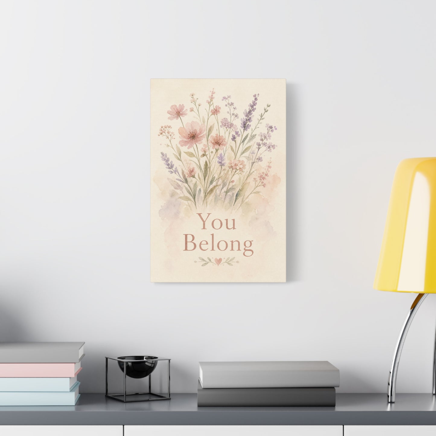 "You Belong" Floral Canvas Wall Art - Watercolor Wildflower Quote Print, Pink Lavender Botanical Decor - Inspirational Bedroom Home Decoration, Nursery Wall Hanging - Bedroom Home Decoration