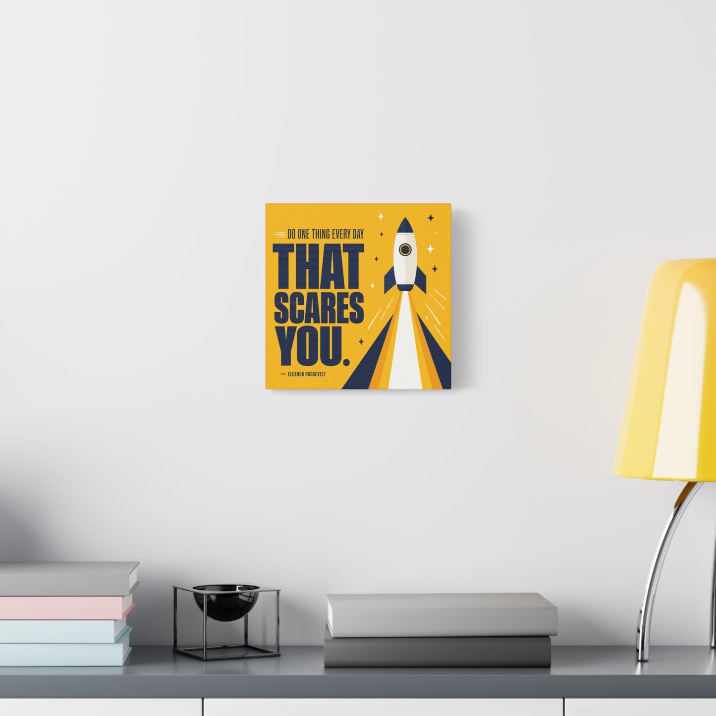 "Do One Thing Every Day That Scares You." Rocket Canvas Wall Art - Motivational Typography Space Decor - Modern Yellow Quote Print - Kids Bedroom Wall Decor, Playroom Home Decoration - Ready to Hang