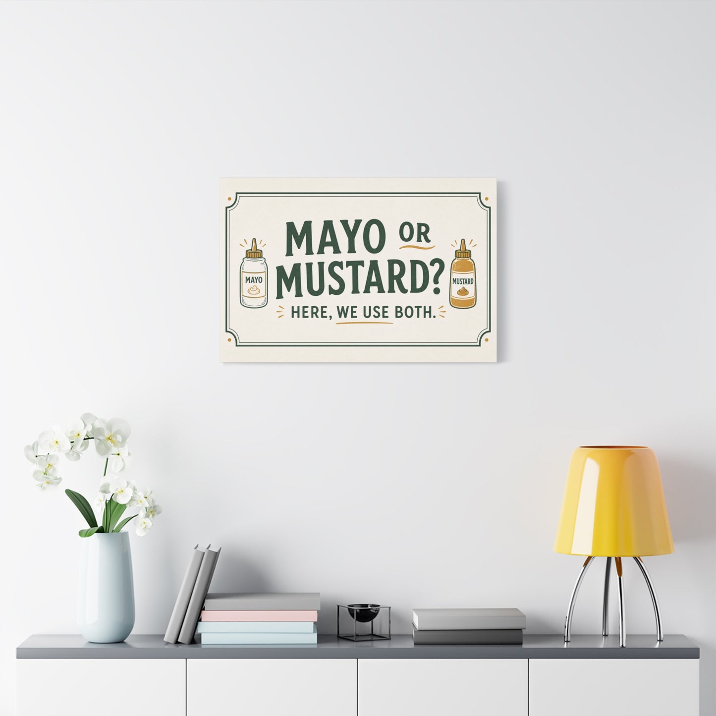 "Mayo Or Mustard Here, We Use Both." Funny Kitchen Canvas Wall Art - Condiment Quote Print, Retro Typography Food Decor, Farmhouse Dining Room Decoration - Living Room Wall Decor - Ready to Hang