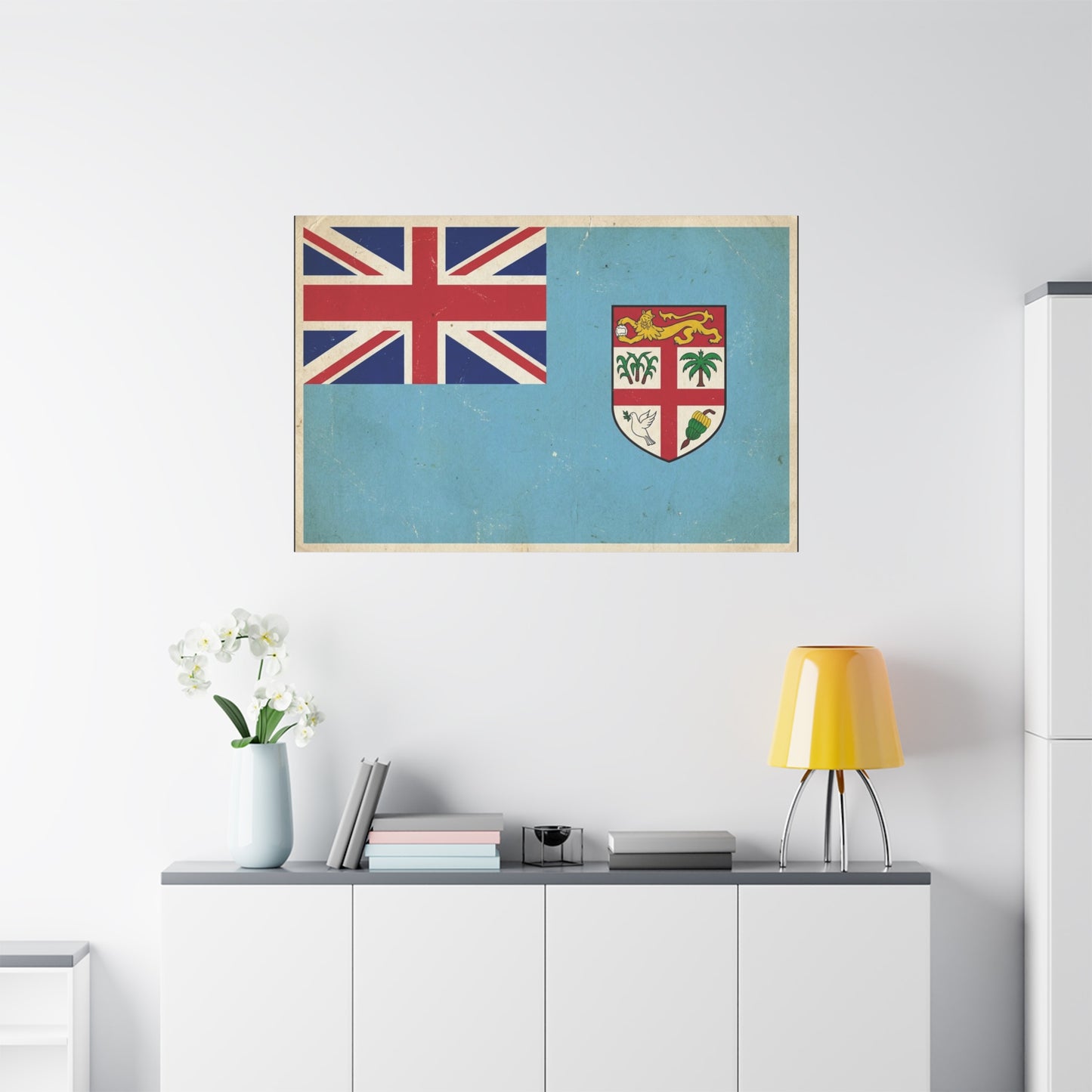 Vintage Fiji Flag Canvas Wall Art - Distressed British Ensign And Shield Print - Retro Patriotic Decor, Coastal Blue Island Style, Living Room Wall Decor, Office Art - Ready to Hang - Ready to Hang