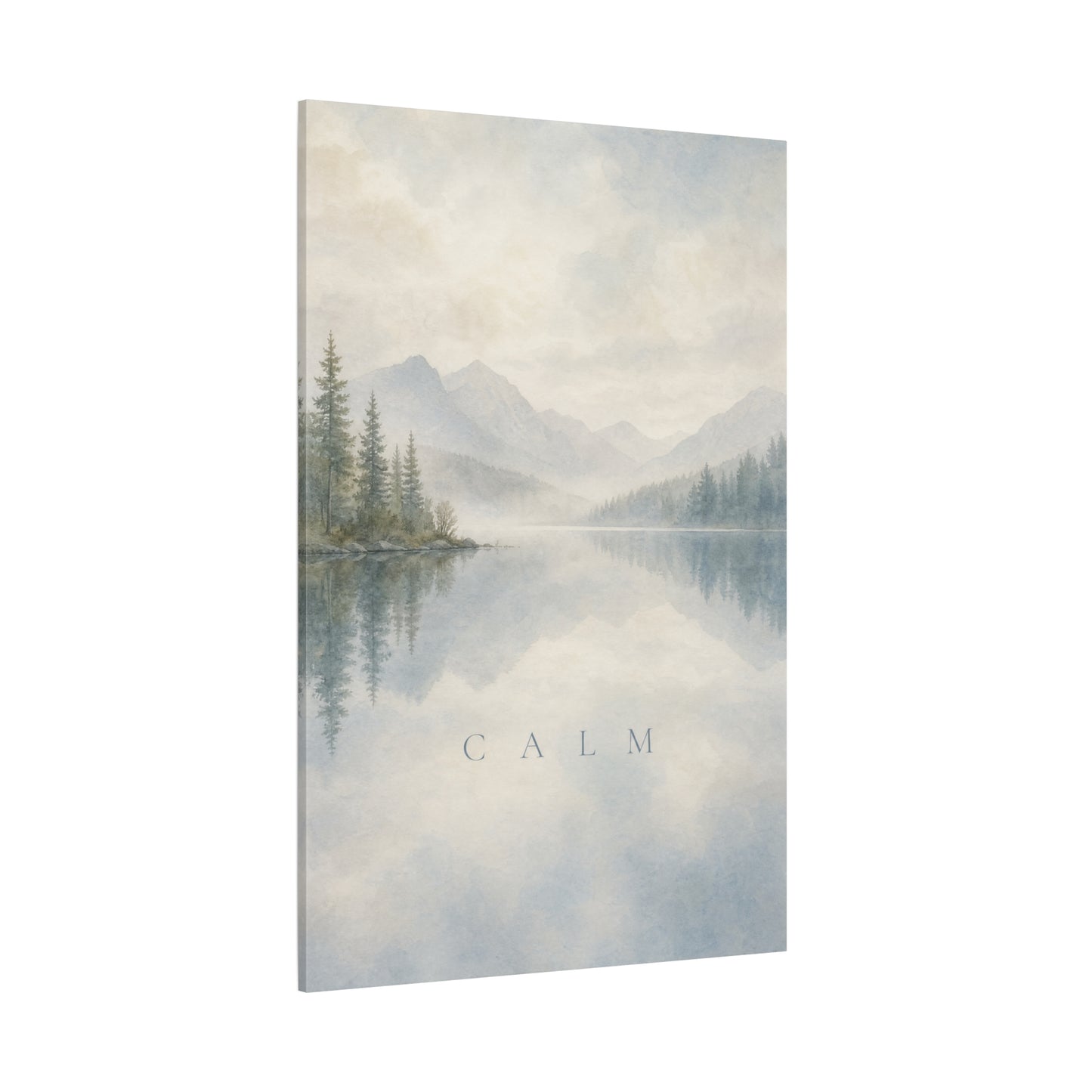 "Calm" Mountain Lake Canvas Wall Art - Misty Pine Forest Reflection Print - Serene Blue Landscape - Minimalist Nature Decor - Bedroom Home Decoration, Meditation Space - Living Room Wall Decor