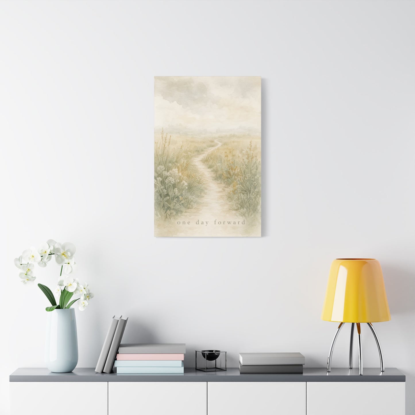 "One Day Forward" Inspirational Canvas Wall Art - Soft Meadow Path Watercolor Print, Neutral Sage Beige Botanical Landscape, Bedroom Wall Decor, Meditation Space Home Decoration - Ready to Hang