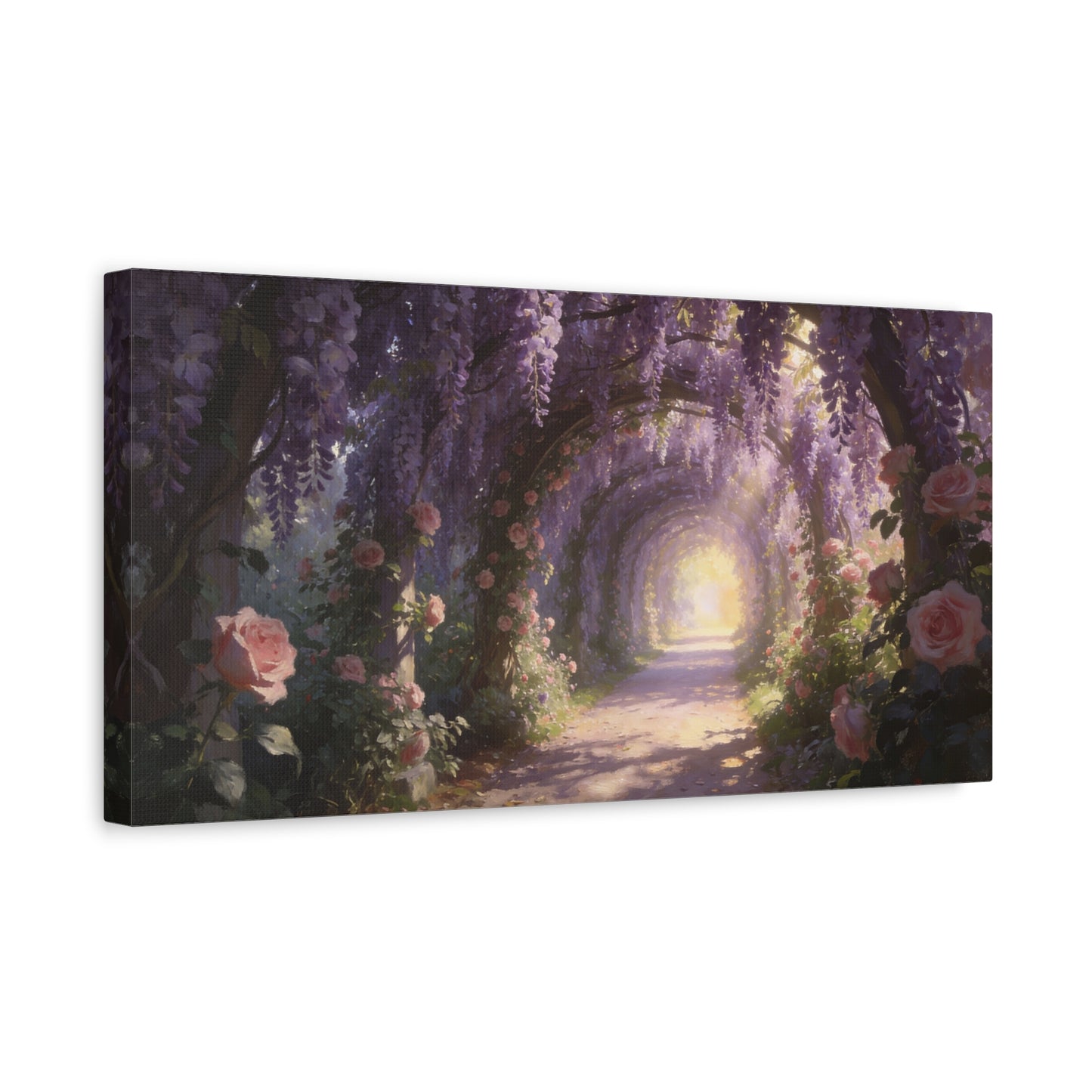 Wisteria Rose Garden Path Canvas Wall Art - Dreamy Floral Tunnel, Luminous Painterly Scene - Gallery Wrapped Cotton Print - Bedroom Wall Decor, Bohemian Home Accent - Bedroom Home Decoration
