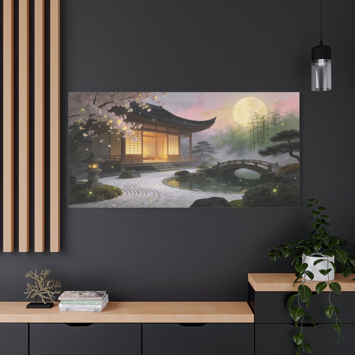 Japanese Zen Garden Canvas Wall Art - Moonlit Temple, Cherry Blossoms, Bamboo Mist - Serene Landscape Canvas Print - Traditional Style, Bedroom Wall Decor, Meditation Space - Bedroom Home Decoration