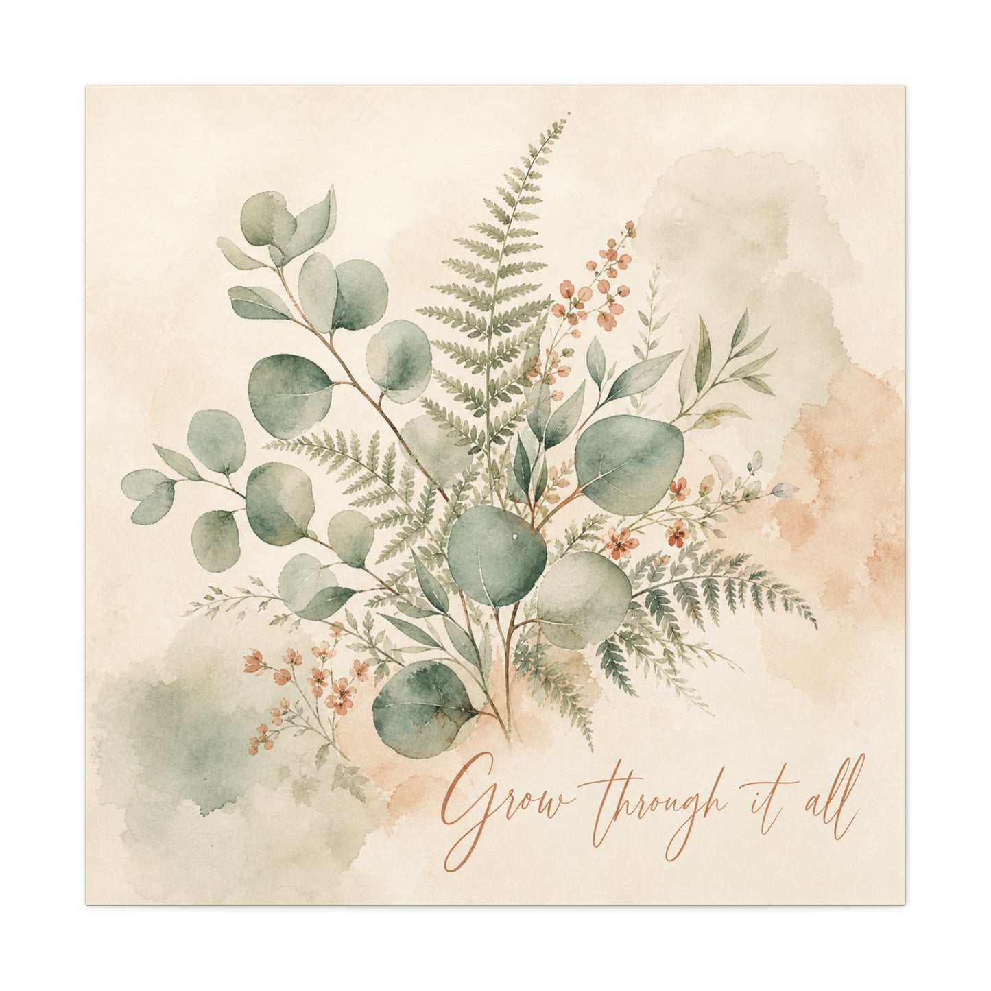 "Grow Through It All" Botanical Canvas Wall Art - Eucalyptus Fern Watercolor Quote Print, Sage Green Floral Home Decor - Modern Farmhouse Style, Bedroom Wall Hanging - Ready to Hang - Ready to Hang
