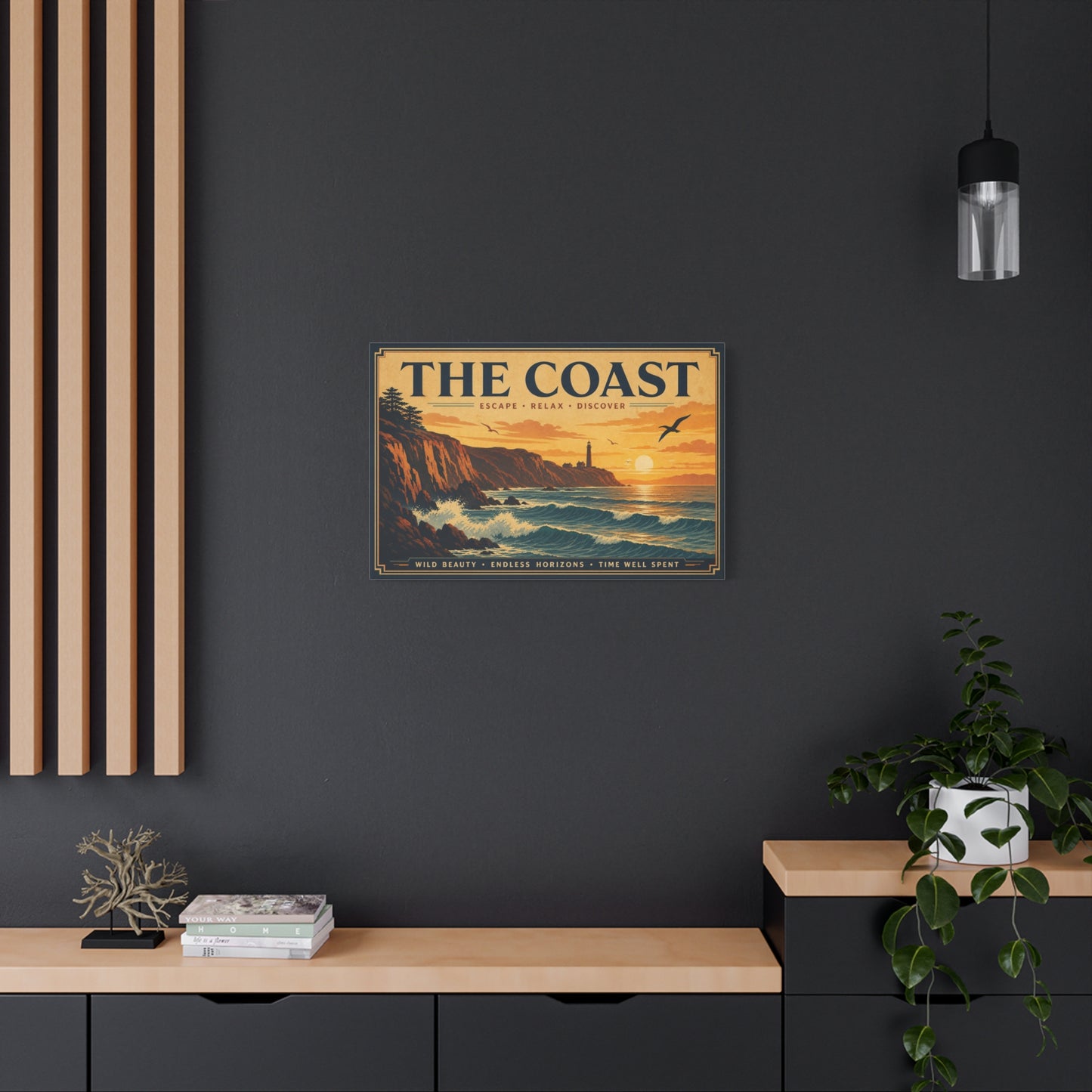 "The Coast" Coastal Canvas Wall Art - Vintage Lighthouse Sunset Ocean Waves Print - Retro Seascape Home Decor, Nautical Living Room Wall Decor - Modern Farmhouse Style - Bedroom Home Decoration