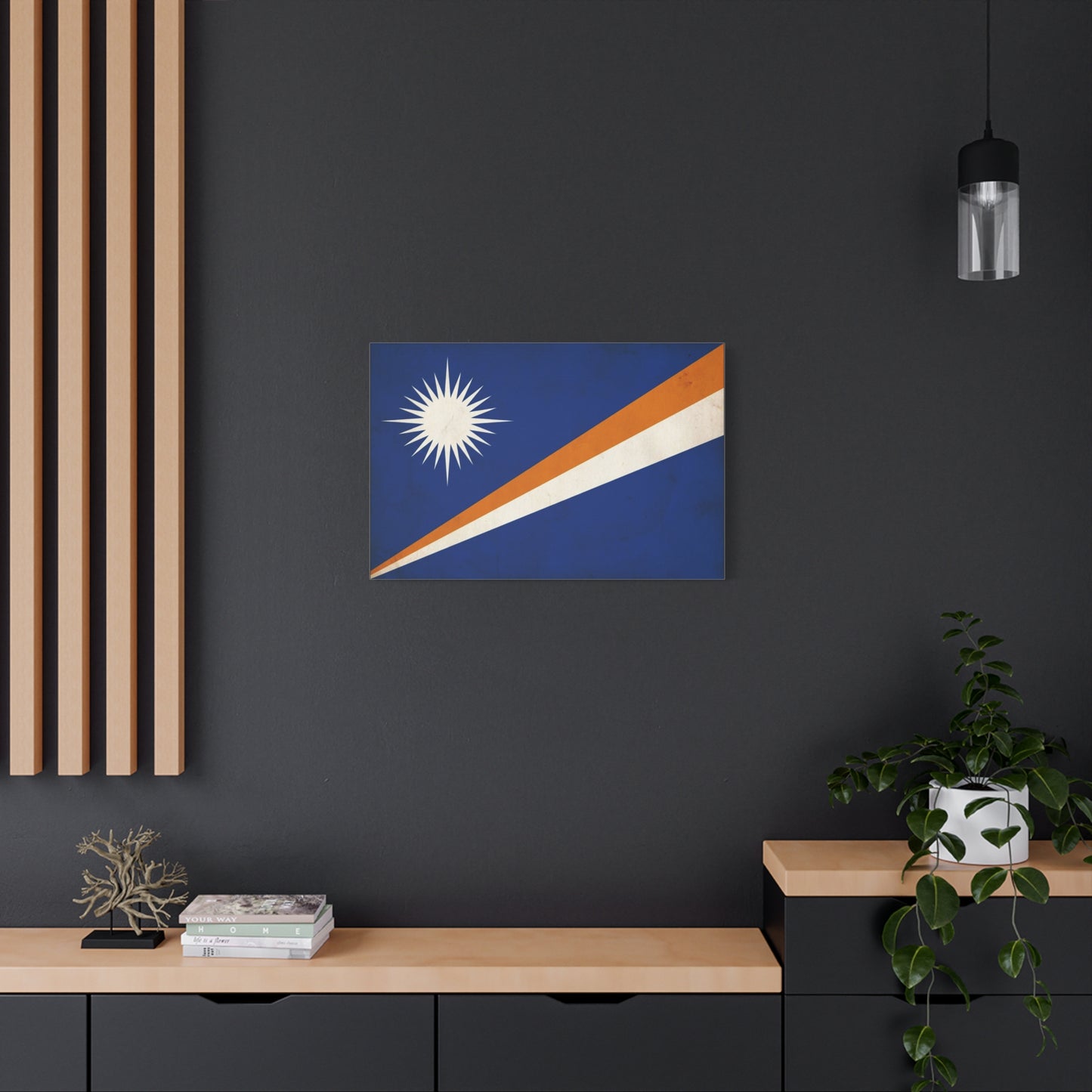 Marshall Islands Flag Canvas Wall Art - Blue Field, White Starburst, Orange Stripe - Vintage Patriotic Print - Coastal Island Decor For Living Room, Office Wall Display Accent - Modern Farmhouse Style