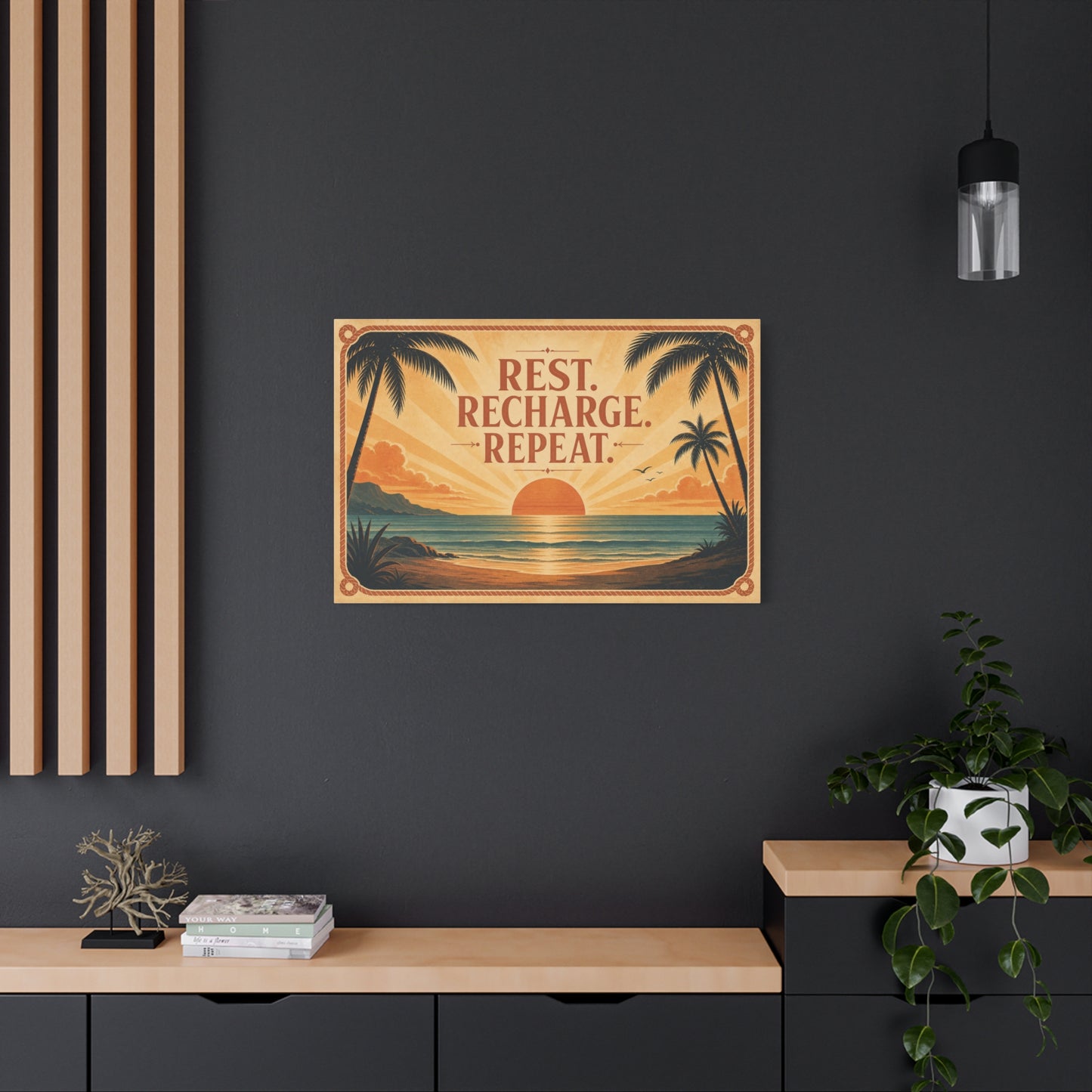 "Rest. Recharge. Repeat." Tropical Beach Sunset Canvas Wall Art - Vintage Coastal Typography, Retro Palm Tree Ocean Scene, Living Room Wall Decor, Bedroom Home Decoration - Bedroom Home Decoration