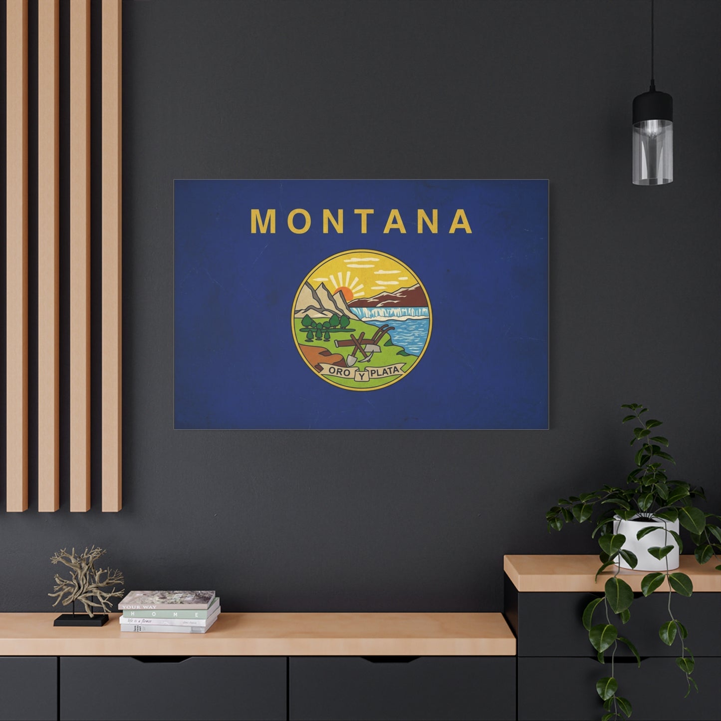 "Montana" State Flag Canvas Wall Art - Oro Y Plata Vintage Flag Print, Blue Western Decor - Rustic Americana Style - Living Room Wall Decor, Office Art - Bedroom Home Decoration - Ready to Hang
