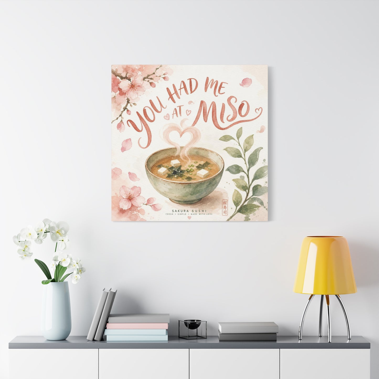 "You Had Me At Miso" Canvas Wall Art - Watercolor Soup Bowl, Cherry Blossom Typography - Japanese Food Illustration, Pink Botanical Style - Kitchen Wall Decor, Dining Room Accent - Ready to Hang