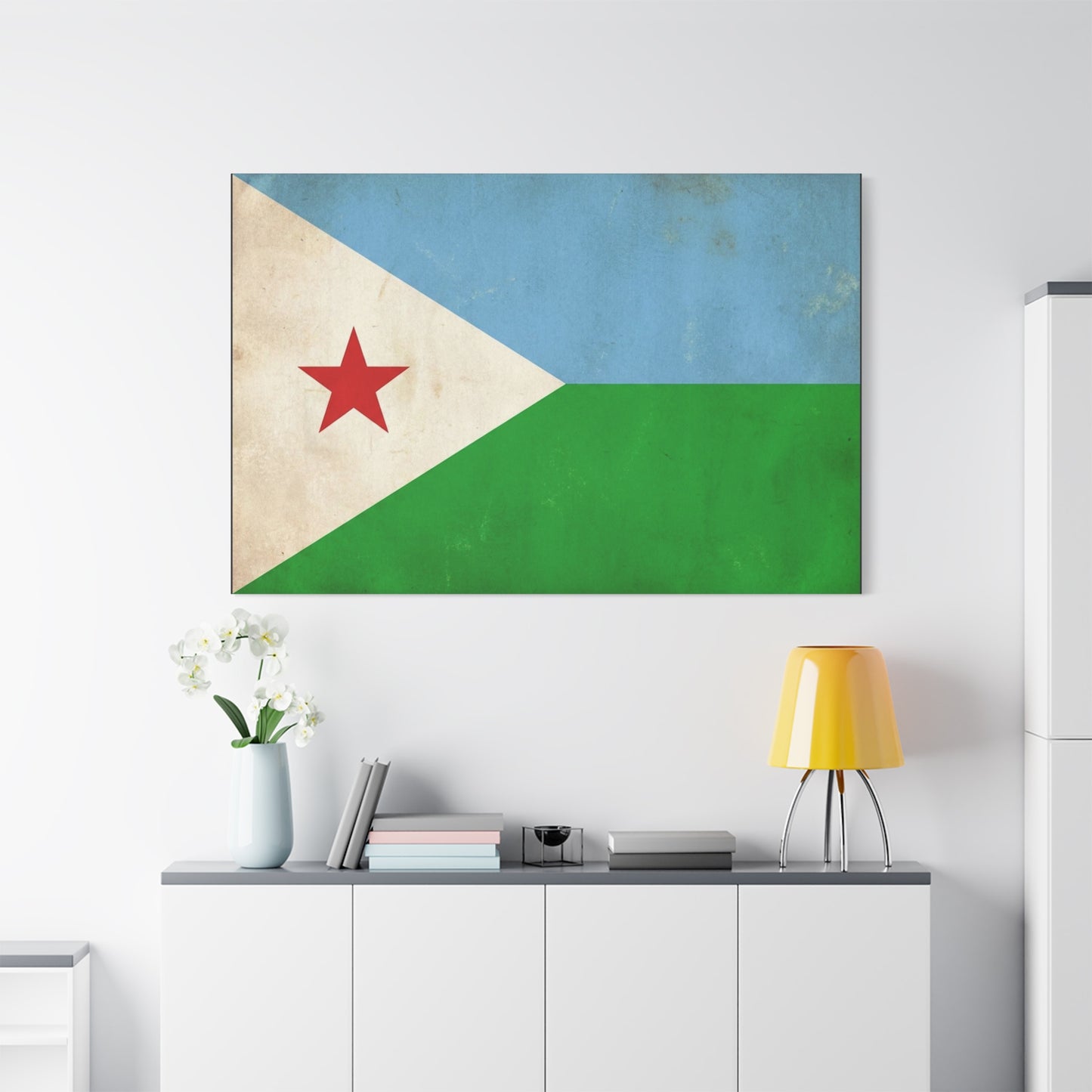 Djibouti Flag Canvas Wall Art - Vintage National Banner Print, Patriotic Home Decor - Distressed Blue Green White Red Star Design - Living Room Decoration - Living Room Wall Decor - Ready to Hang