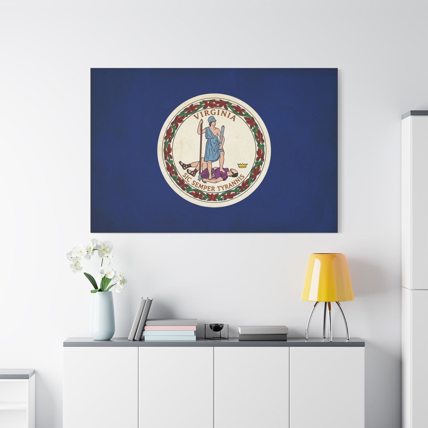 "Virginia" "Sic Semper Tyrannis" State Flag Canvas Wall Art - Vintage Commonwealth Seal Print, Blue Banner Decor, Patriotic Heritage Style, Living Room Wall Decor, Office Accent - Ready to Hang