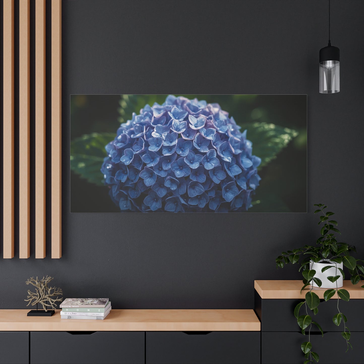 Blue Hydrangea Canvas Wall Art - Botanical Floral Close Up Art Print - Matte Cotton Art Print, Moody Garden Style - Bedroom Wall Decor, Bathroom Accent, Spa Inspired Home Decoration - Ready to Hang
