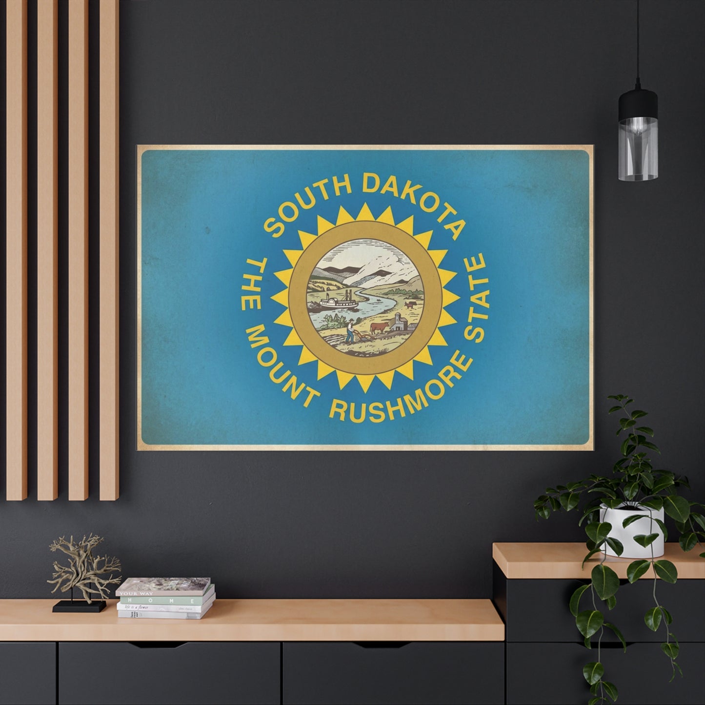 "South Dakota The Mount Rushmore State" Flag Canvas Wall Art - Vintage State Pride Decor, Blue Banner Print, Rustic Americana Style, Living Room Wall Decor, Office Art - Bedroom Home Decoration