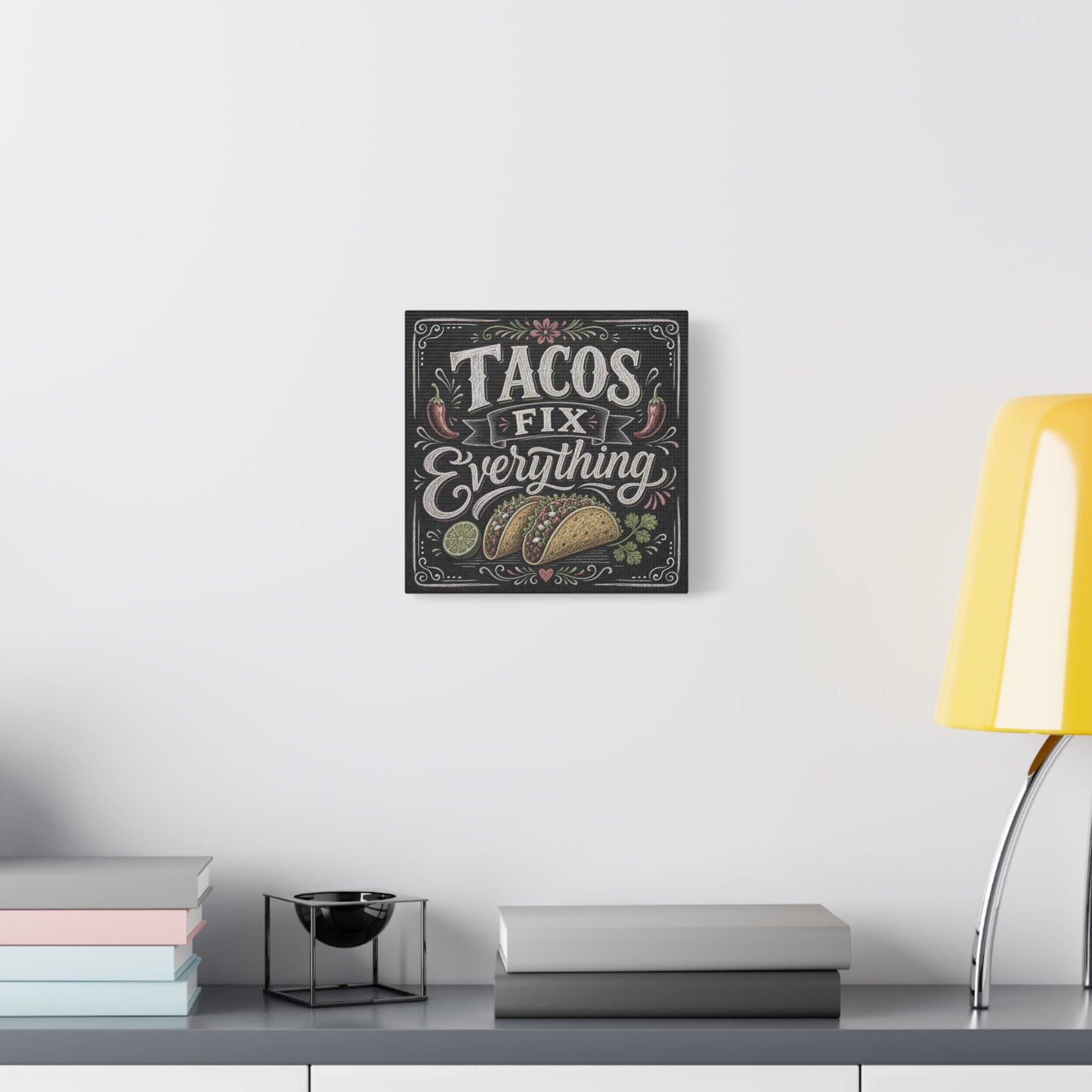 "Tacos Fix Everything" Canvas Wall Art - Chalkboard Taco Kitchen Print, Rustic Typography Decor - Matte Cotton Art Print - Farmhouse Dining Room Accent, Cafe Interior Style - Living Room Wall Decor