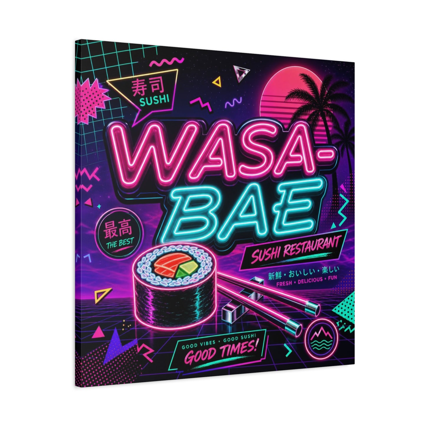 "WASA-BAE" Sushi Canvas Print - Neon Japanese Restaurant Sign, Retro Vaporwave Illustration - Matte Cotton Decor, Cafe Wall Accent, Dining Space Artwork, Lounge Interior Style - Office Wall Art