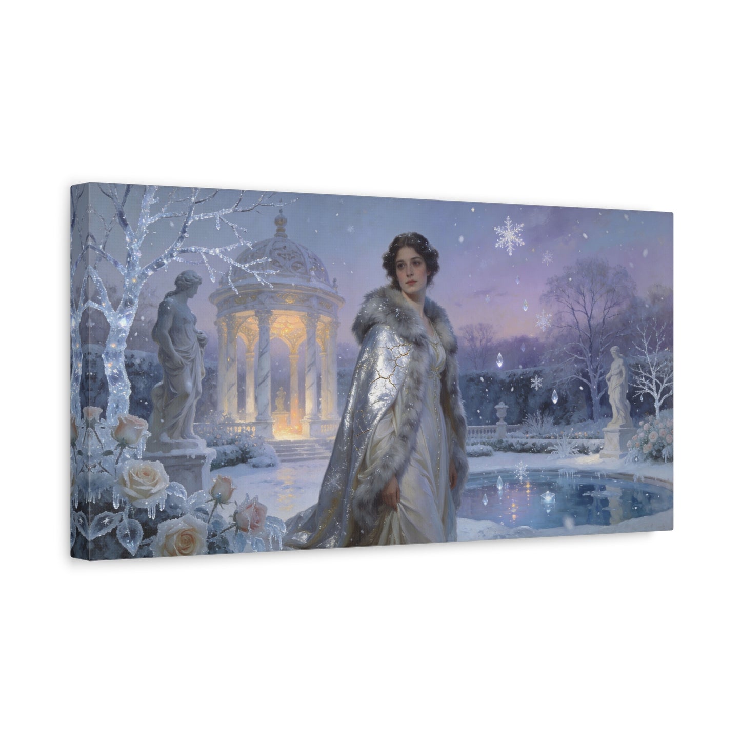 Winter Garden Woman Canvas Wall Art - Snowy Pavilion, Frosted Roses, Classical Statues - Ethereal Traditional Painting - Bedroom Wall Decor, Living Room Home Accent - Bedroom Home Decoration