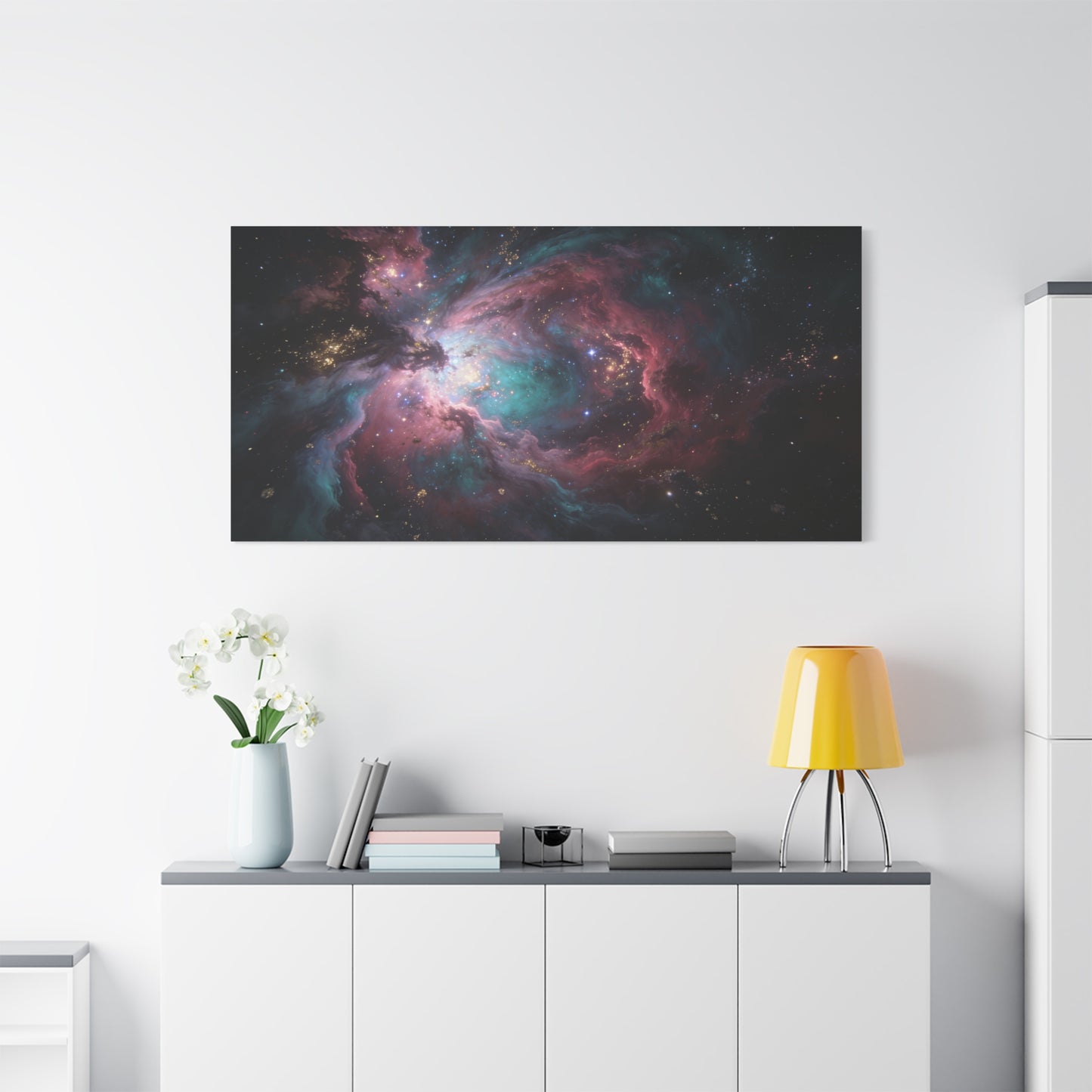 Cosmic Nebula Canvas Wall Art - Abstract Galaxy Space Cloud Canvas Print - Teal Pink Gold Celestial Swirl - Contemporary Panoramic Wall Decor - Living Room Bedroom Office Accent - Ready to Hang