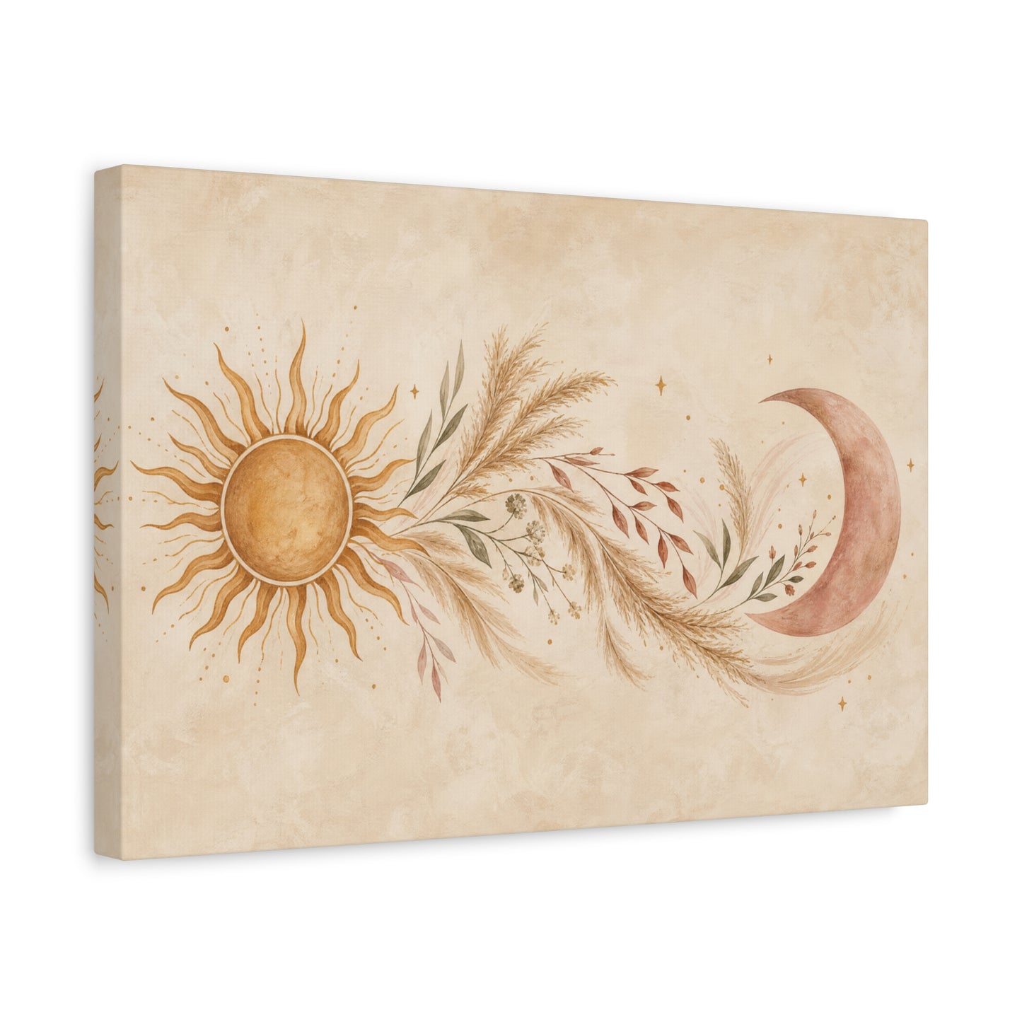 Boho Sun And Moon Canvas Wall Art - Celestial Botanical Pampas Grass Print - Neutral Beige Terracotta Modern Bohemian Decor - Bedroom Living Room Wall Decor - Meditation Space Accent - Ready to Hang