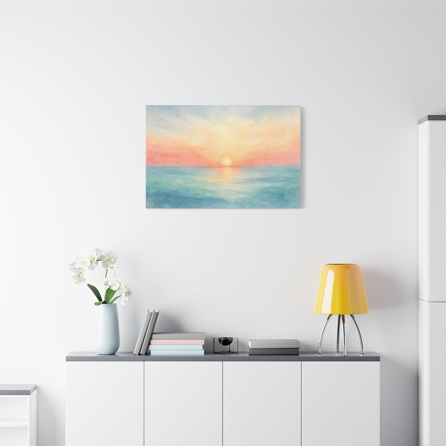 Pastel Ocean Sunrise Canvas Wall Art - Watercolor Seascape, Coastal Wall Decor - Serene Beach Horizon Print - Bedroom Home Decoration, Living Room Accent, Jellyfish Room Decor - Modern Farmhouse Style