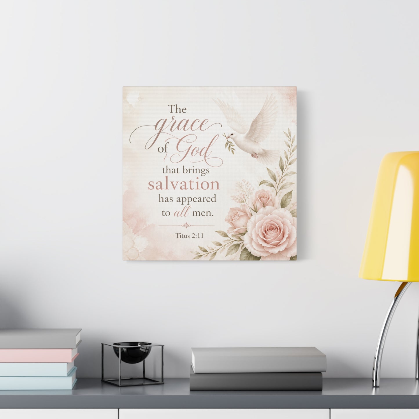 "The Grace Of God That Brings Salvation Has Appeared To All Men" Canvas Wall Art - Dove, Roses, Titus 2:11 Scripture Print - Blush Floral Christian Decor - Bedroom Living Room Accent - Office Wall Art