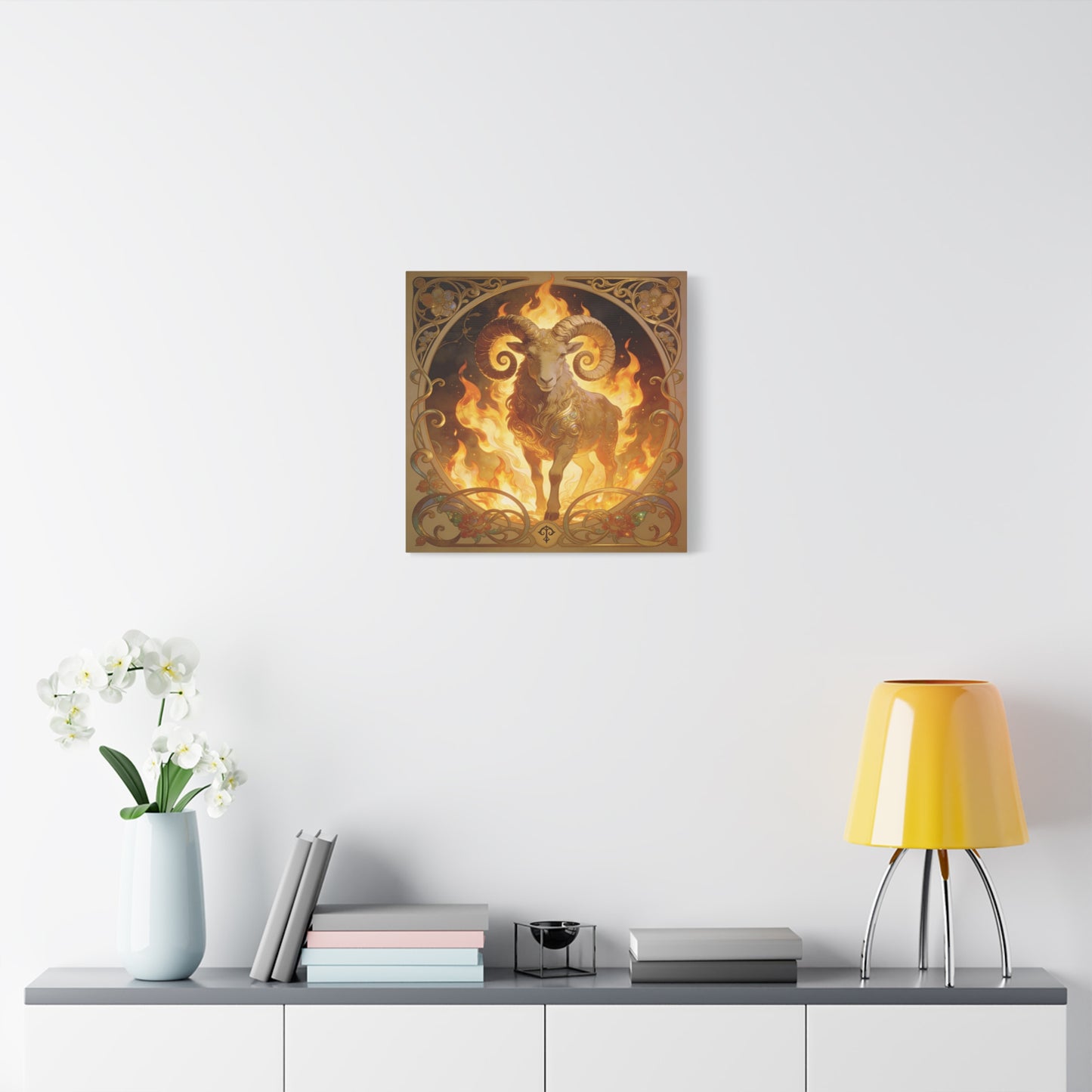 Aries Ram Canvas Wall Art - Fiery Zodiac Illustration, Ornate Gold Nouveau Design - Matte Cotton Art Print - Bohemian Astrology Decor, Bedroom Home Decoration, Office Wall Art - Modern Farmhouse Style